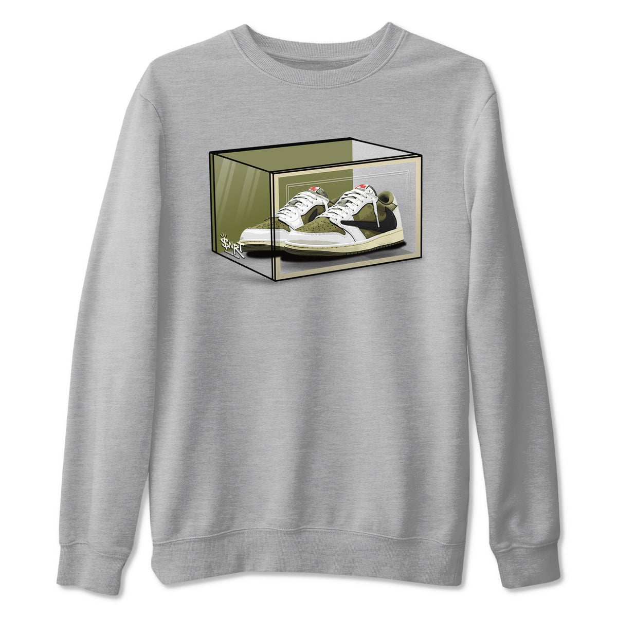 Jordan 1 Olive t shirts to match sneakers Shoe Box sneaker match tees Air Jordan 1 Low x Travis Scott Reverse Olive tee Drip Gear Zone unisex cotton Heather Grey 2 shirts