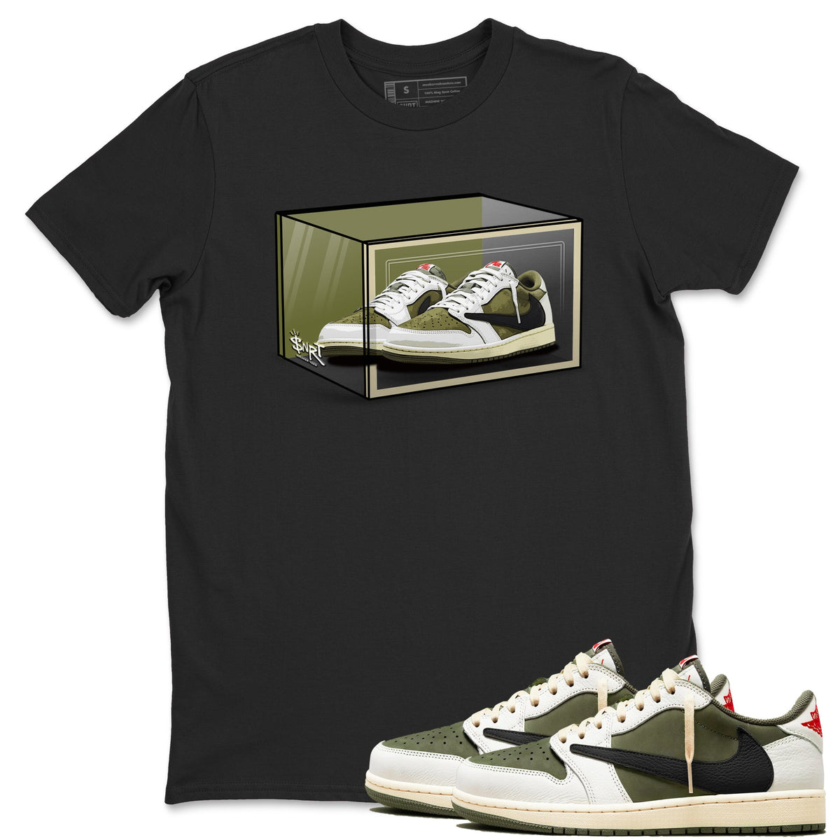 Jordan 1 Olive t shirts to match sneakers Shoe Box sneaker match tees Air Jordan 1 Low x Travis Scott Reverse Olive tee Drip Gear Zone unisex cotton Black 1 shirts