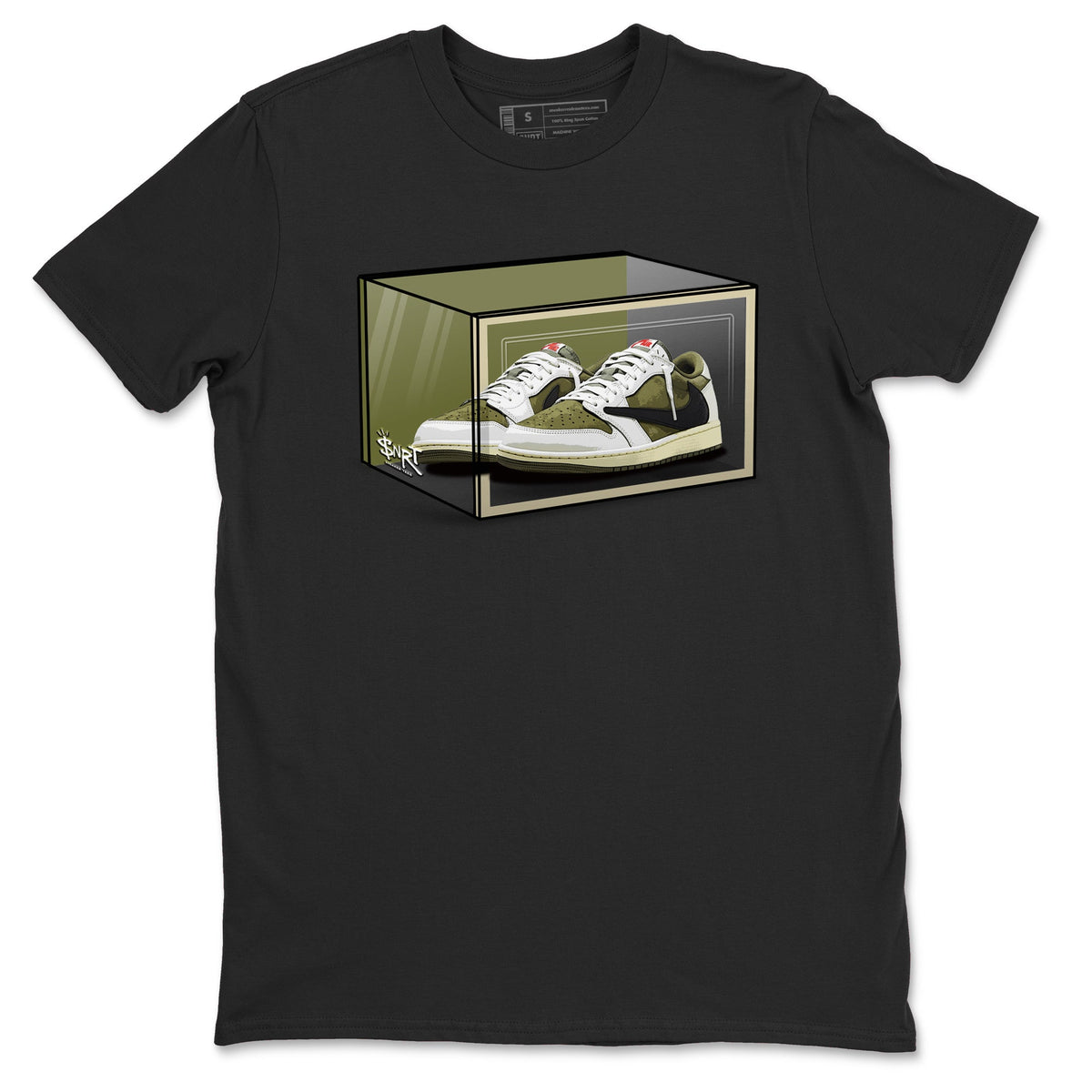 Jordan 1 Olive t shirts to match sneakers Shoe Box sneaker match tees Air Jordan 1 Low x Travis Scott Reverse Olive tee Drip Gear Zone unisex cotton Black 2 shirts