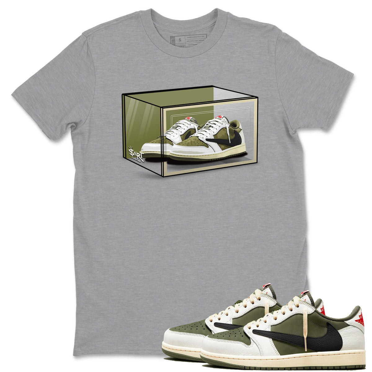 Jordan 1 Olive t shirts to match sneakers Shoe Box sneaker match tees Air Jordan 1 Low x Travis Scott Reverse Olive tee Drip Gear Zone unisex cotton Heather Grey 1 shirts
