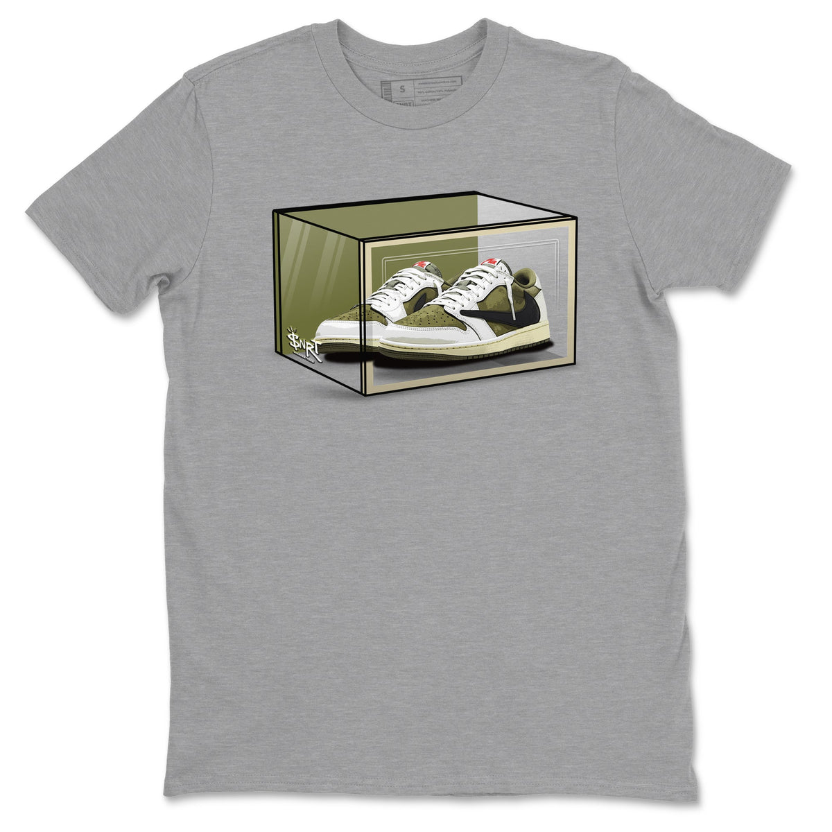 Jordan 1 Olive t shirts to match sneakers Shoe Box sneaker match tees Air Jordan 1 Low x Travis Scott Reverse Olive tee Drip Gear Zone unisex cotton Heather Grey 2 shirts