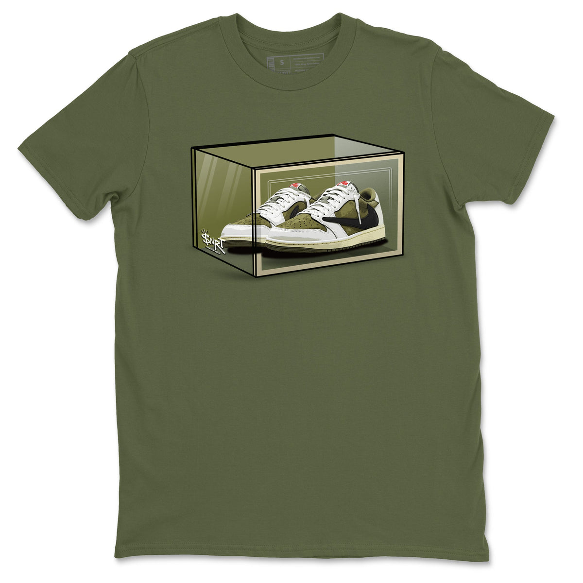 Jordan 1 Olive t shirts to match sneakers Shoe Box sneaker match tees Air Jordan 1 Low x Travis Scott Reverse Olive tee Drip Gear Zone unisex cotton Military Green 2 shirts
