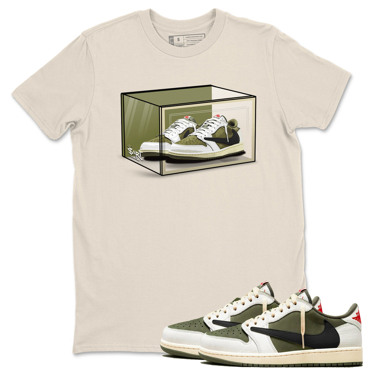 Jordan 1 Olive t shirts to match sneakers Shoe Box sneaker match tees Air Jordan 1 Low x Travis Scott Reverse Olive tee Drip Gear Zone unisex cotton Natural 1 shirts