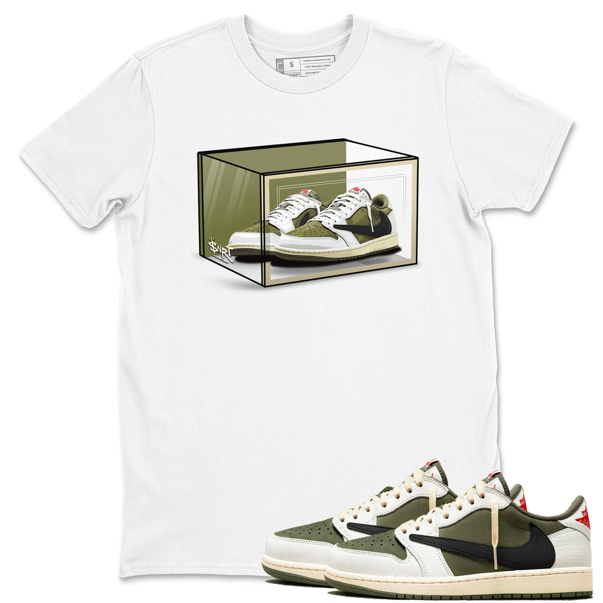 Jordan 1 Olive t shirts to match sneakers Shoe Box sneaker match tees Air Jordan 1 Low x Travis Scott Reverse Olive tee Drip Gear Zone unisex cotton White 1 shirts