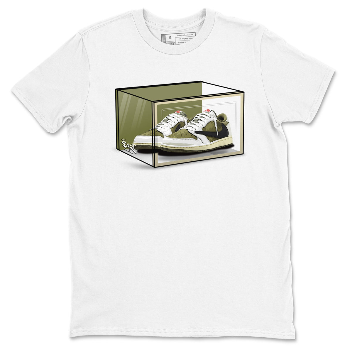 Jordan 1 Olive t shirts to match sneakers Shoe Box sneaker match tees Air Jordan 1 Low x Travis Scott Reverse Olive tee Drip Gear Zone unisex cotton White 2 shirts