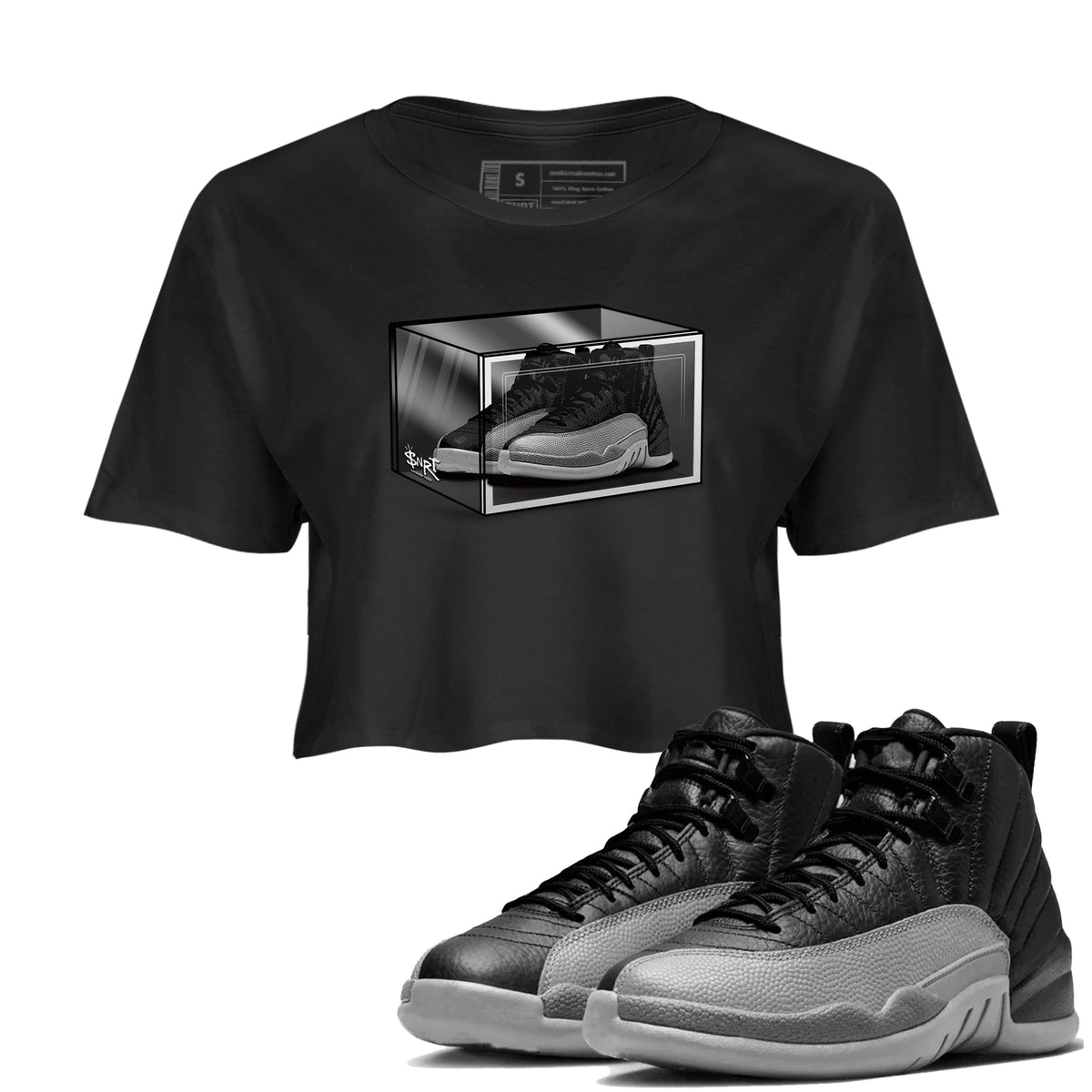 12s Black Wolf Grey shirts to match jordans Shoe Box sneaker match tees Air Jordan 12 Black Wolf Grey match shoes to clothes Drip Gear Zone unisex cotton Black 1 crop tee