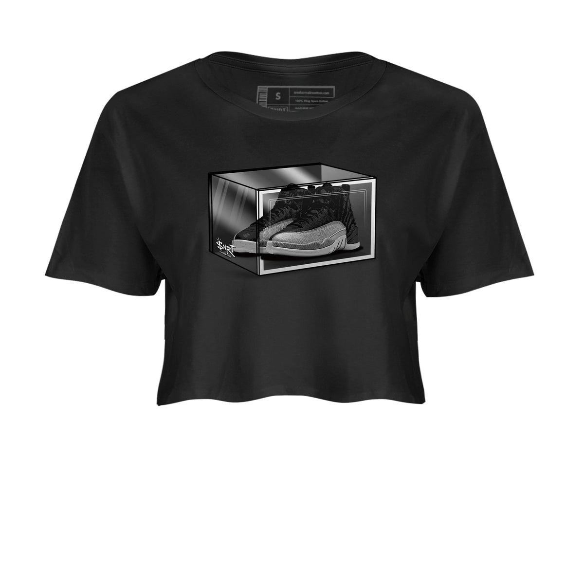 12s Black Wolf Grey shirts to match jordans Shoe Box sneaker match tees Air Jordan 12 Black Wolf Grey match shoes to clothes Drip Gear Zone unisex cotton Black 2 crop tee