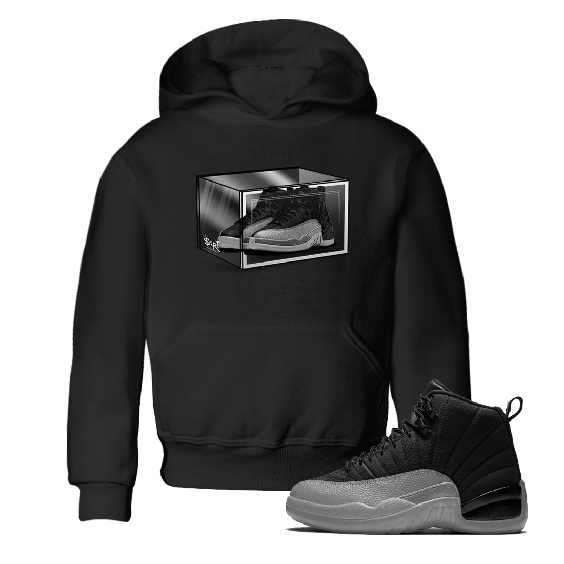 12s Black Wolf Grey shirts to match jordans Shoe Box sneaker match tees Air Jordan 12 Black Wolf Grey match shoes to clothes Drip Gear Zone Youth Baby Black 1 tee