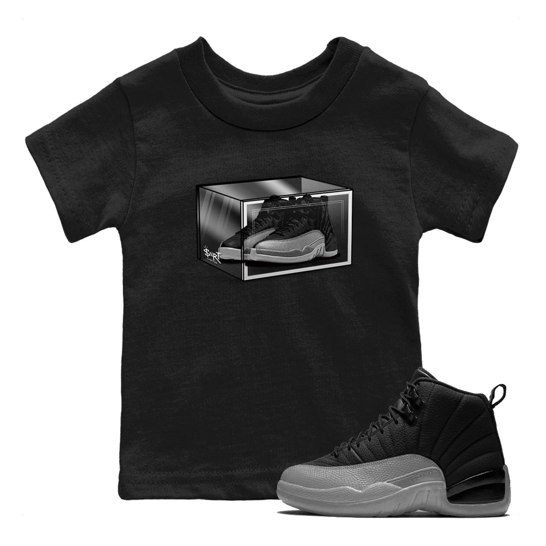 12s Black Wolf Grey shirts to match jordans Shoe Box sneaker match tees Air Jordan 12 Black Wolf Grey match shoes to clothes Drip Gear Zone Youth Baby Black 1 tee