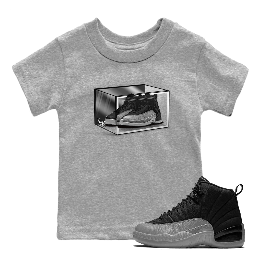 12s Black Wolf Grey shirts to match jordans Shoe Box sneaker match tees Air Jordan 12 Black Wolf Grey match shoes to clothes Drip Gear Zone Youth Baby Heather Grey 1 tee