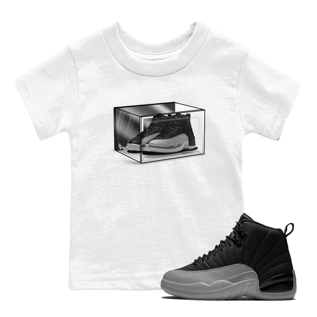 12s Black Wolf Grey shirts to match jordans Shoe Box sneaker match tees Air Jordan 12 Black Wolf Grey match shoes to clothes Drip Gear Zone Youth Baby White 1 tee