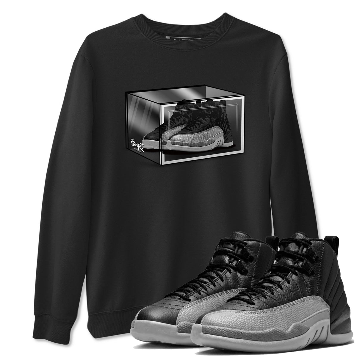 12s Black Wolf Grey shirts to match jordans Shoe Box sneaker match tees Air Jordan 12 Black Wolf Grey match shoes to clothes Drip Gear Zone unisex cotton Black 1 shirts