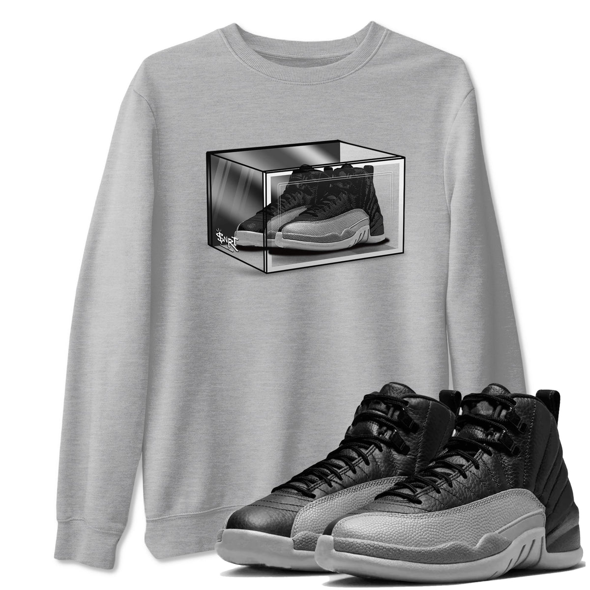 12s Black Wolf Grey shirts to match jordans Shoe Box sneaker match tees Air Jordan 12 Black Wolf Grey match shoes to clothes Drip Gear Zone unisex cotton Heather Grey 1 shirts