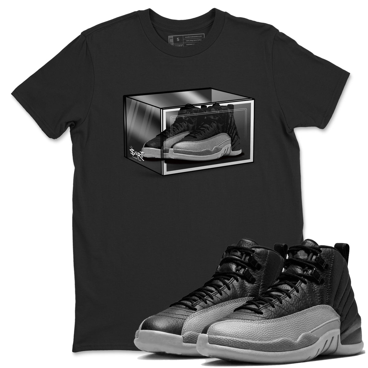 12s Black Wolf Grey shirts to match jordans Shoe Box sneaker match tees Air Jordan 12 Black Wolf Grey match shoes to clothes Drip Gear Zone unisex cotton Black 1 shirts