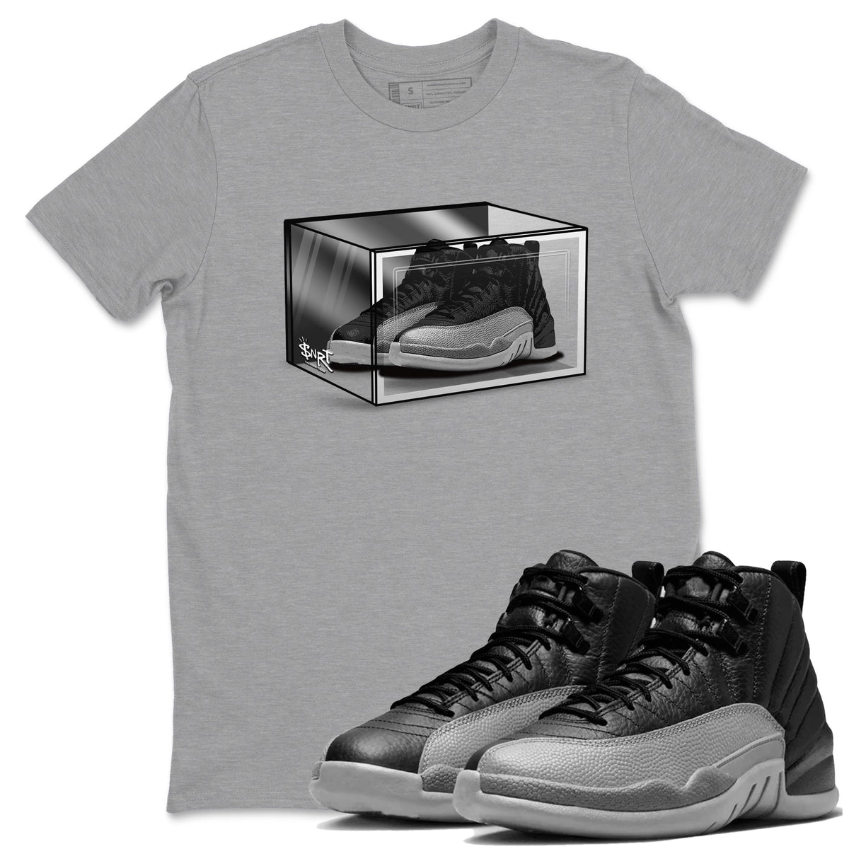 12s Black Wolf Grey shirts to match jordans Shoe Box sneaker match tees Air Jordan 12 Black Wolf Grey match shoes to clothes Drip Gear Zone unisex cotton Heather Grey 1 shirts