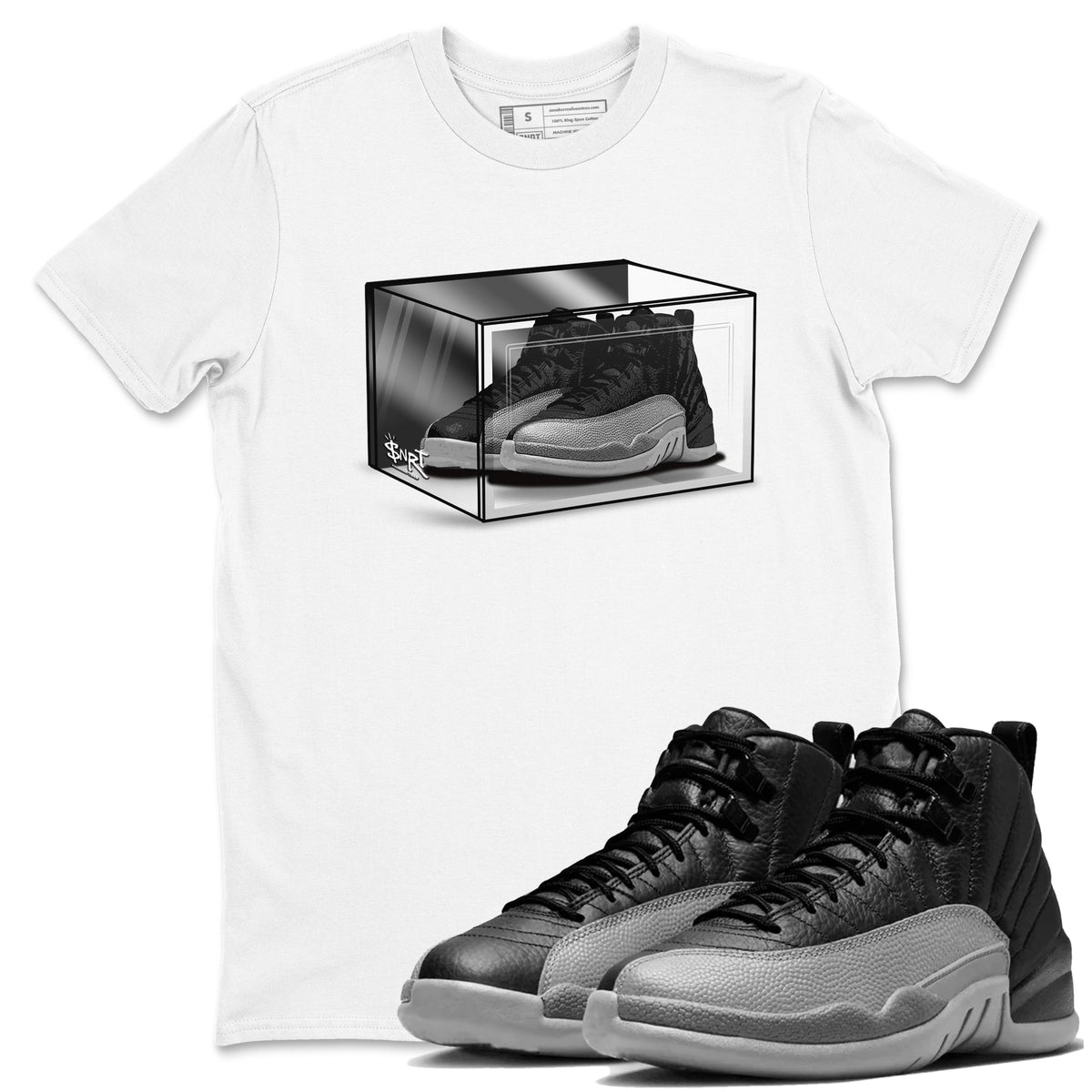 12s Black Wolf Grey shirts to match jordans Shoe Box sneaker match tees Air Jordan 12 Black Wolf Grey match shoes to clothes Drip Gear Zone unisex cotton White 1 shirts