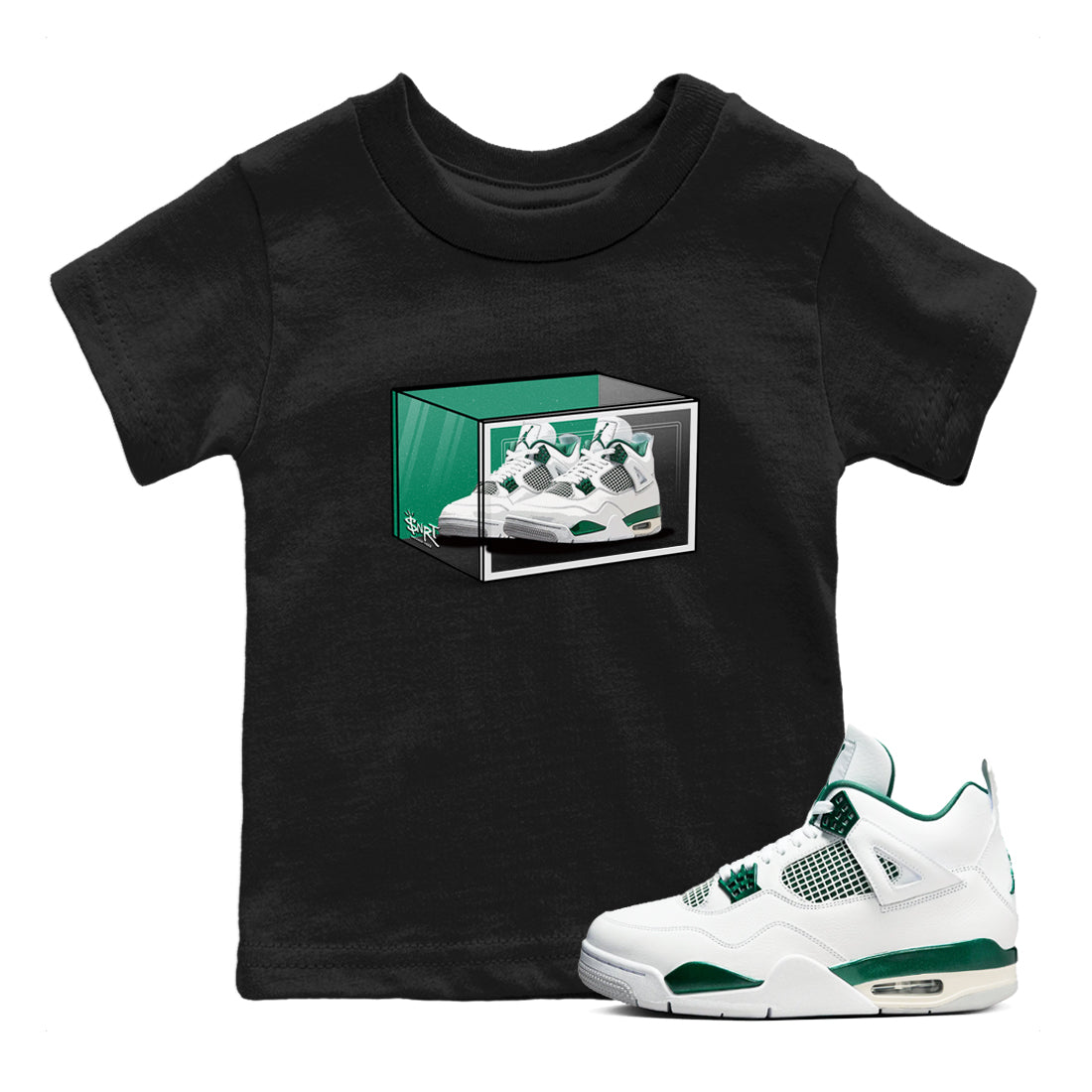 4s Oxidized Green shirts to match jordans Shoe Box sneaker match tees Air Jordan 4 Oxidized Green Drip Gear Zone streetwear brand Baby and Youth Black 1 cotton tee