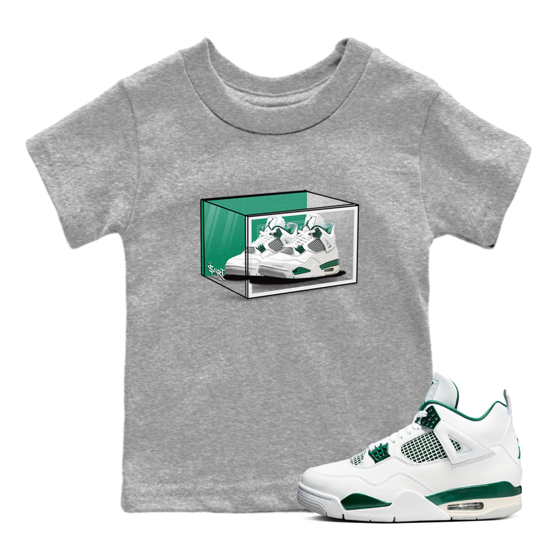 4s Oxidized Green shirts to match jordans Shoe Box sneaker match tees Air Jordan 4 Oxidized Green Drip Gear Zone streetwear brand Baby and Youth Heather Grey 1 cotton tee