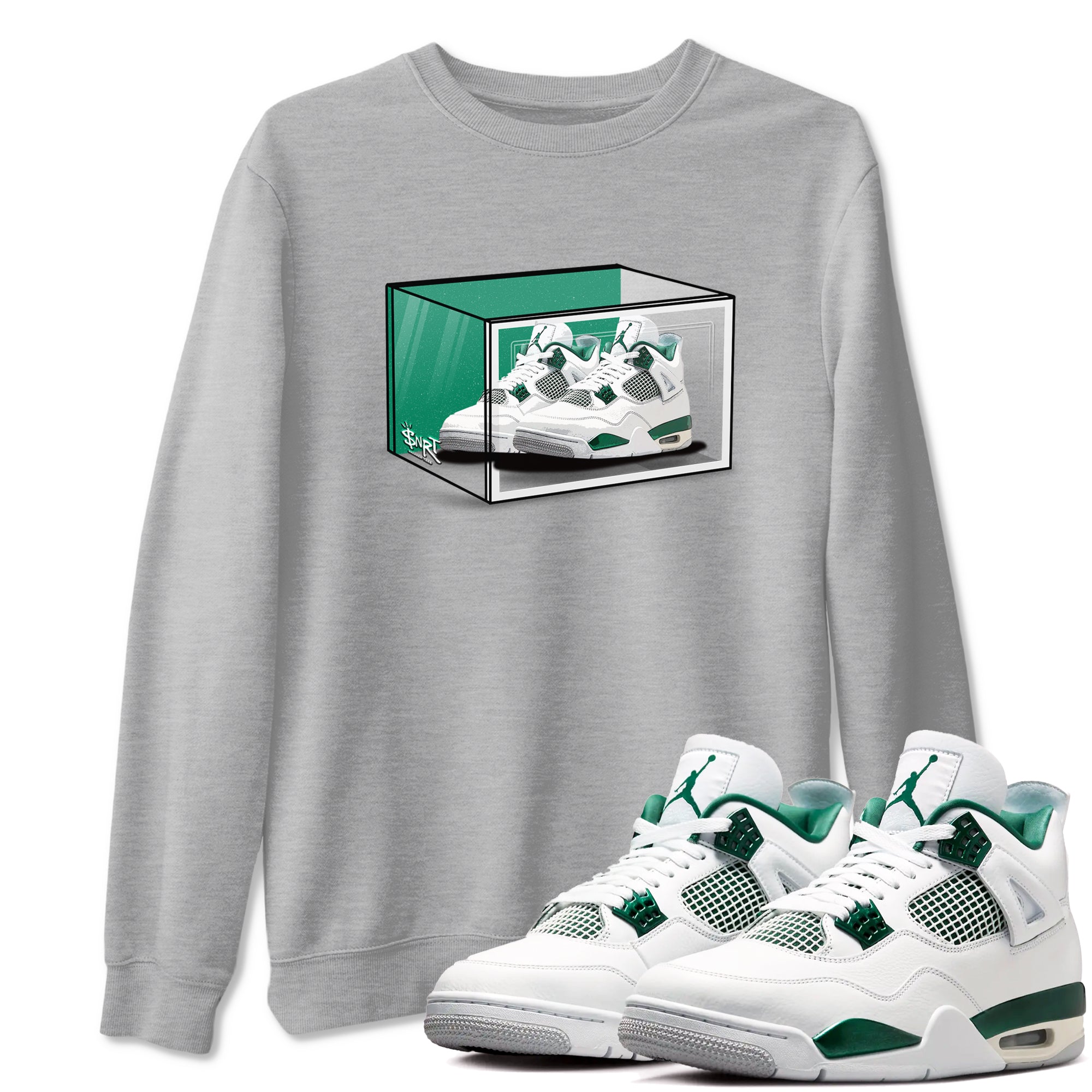 4s Oxidized Green shirts to match jordans Shoe Box sneaker match tees Air Jordan 4 Oxidized Green Drip Gear Zone streetwear brand Heather Grey 1 unisex cotton tee