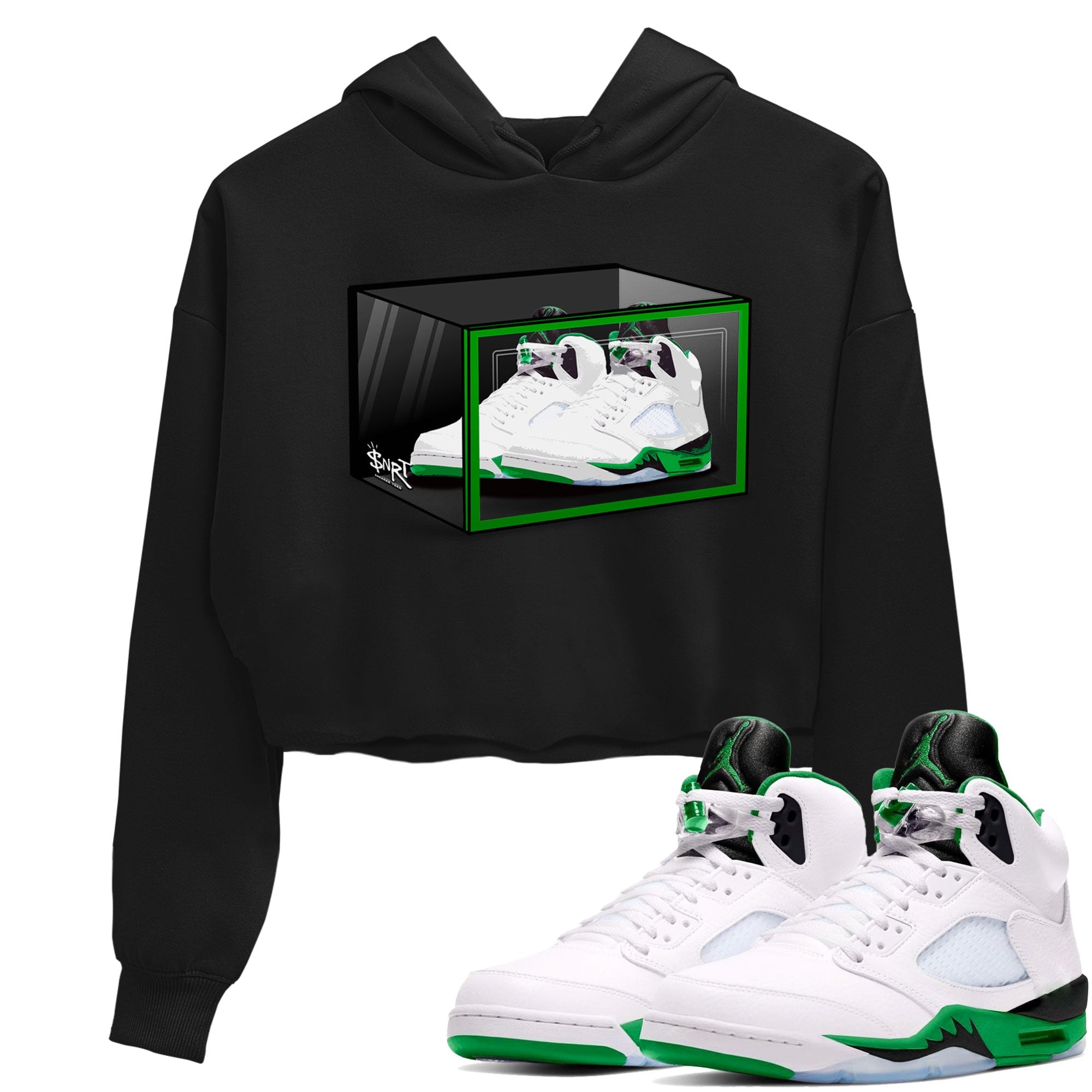 AJ5 Retro Lucky Green shirt to match jordans Shoe Box sneaker tees Air Jordan 5 Retro Lucky Green Drip Gear Zone Casual Crew Neck T-Shirt Black 1 Crop T-Shirt