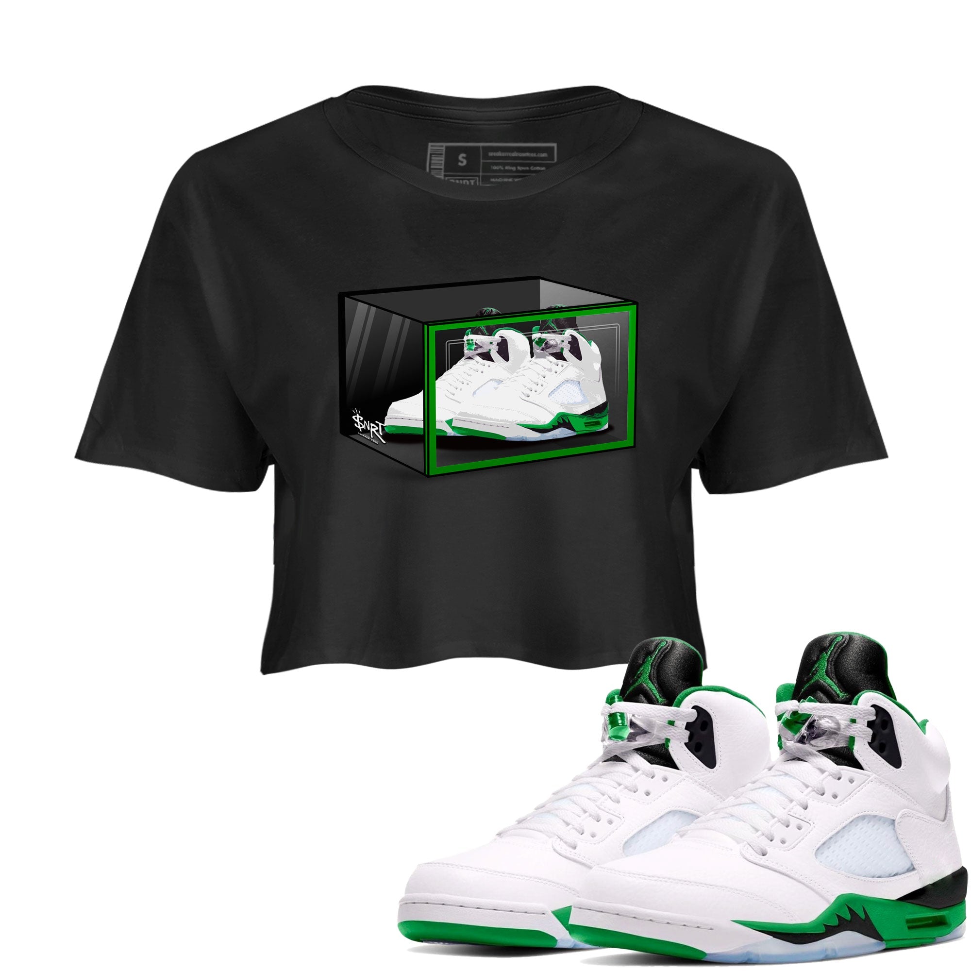 AJ5 Retro Lucky Green shirt to match jordans Shoe Box sneaker tees Air Jordan 5 Retro Lucky Green Drip Gear Zone Casual Crew Neck T-Shirt Black 1 Crop T-Shirt