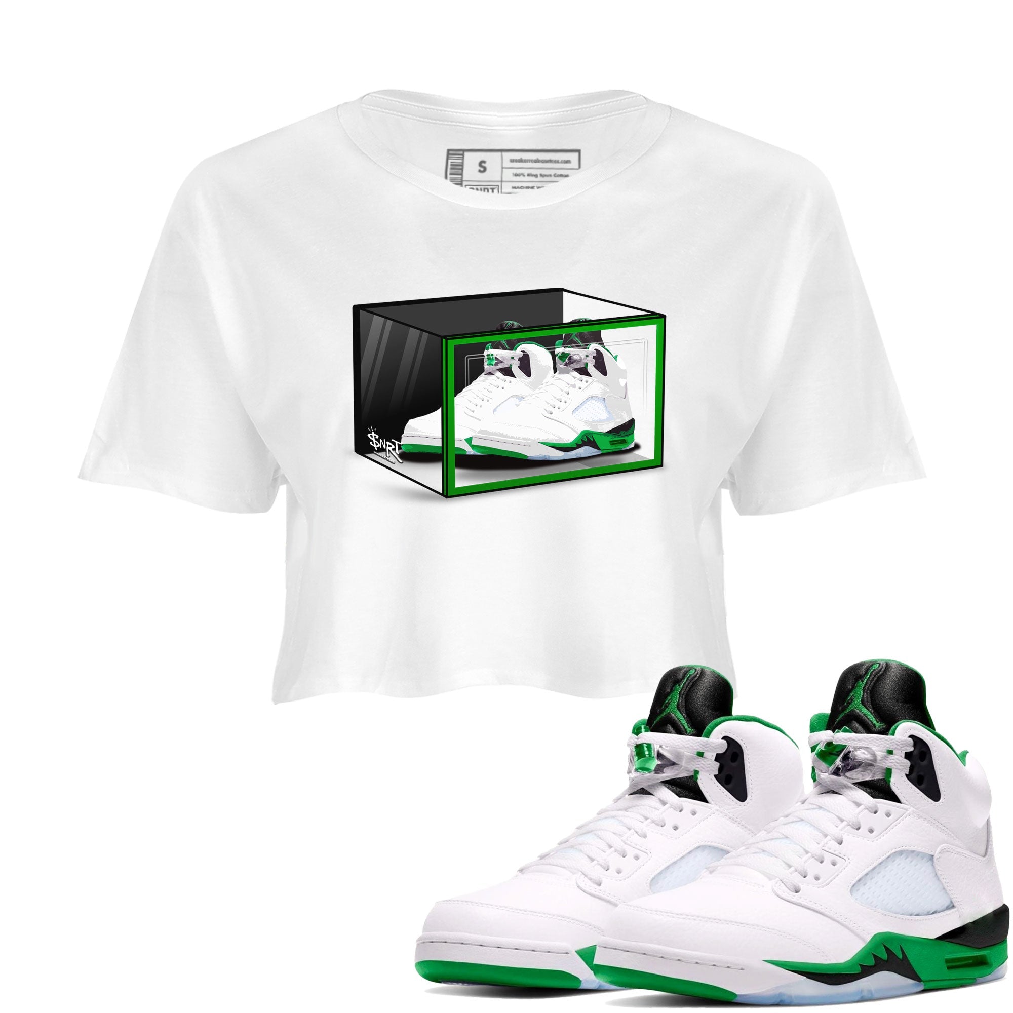 AJ5 Retro Lucky Green shirt to match jordans Shoe Box sneaker tees Air Jordan 5 Retro Lucky Green Drip Gear Zone Casual Crew Neck T-Shirt White 1 Crop T-Shirt