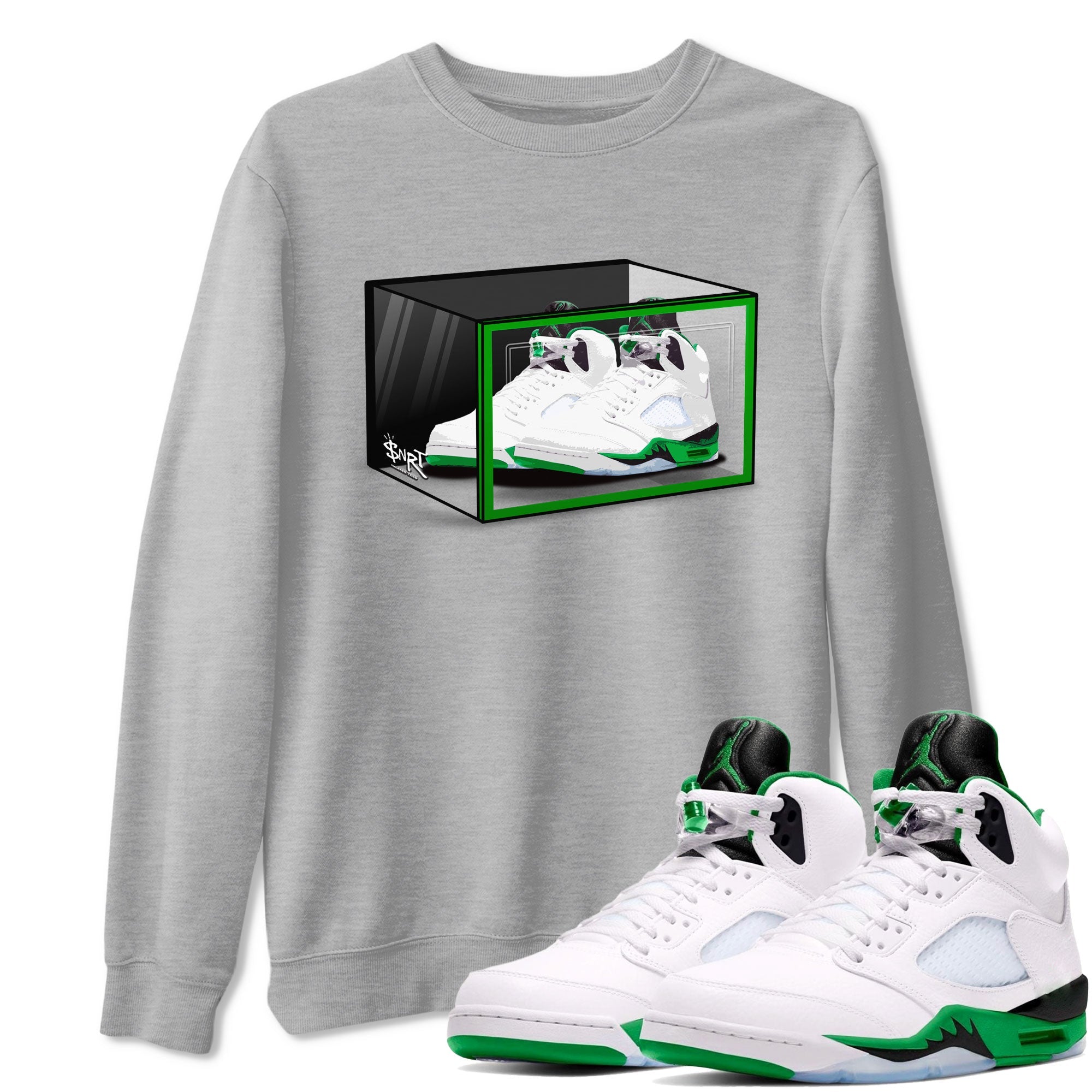 AJ5 Retro Lucky Green shirt to match jordans Shoe Box sneaker tees Air Jordan 5 Retro Lucky Green Drip Gear Zone Casual Crew Neck T-Shirt Unisex Heather Grey 1 T-Shirt
