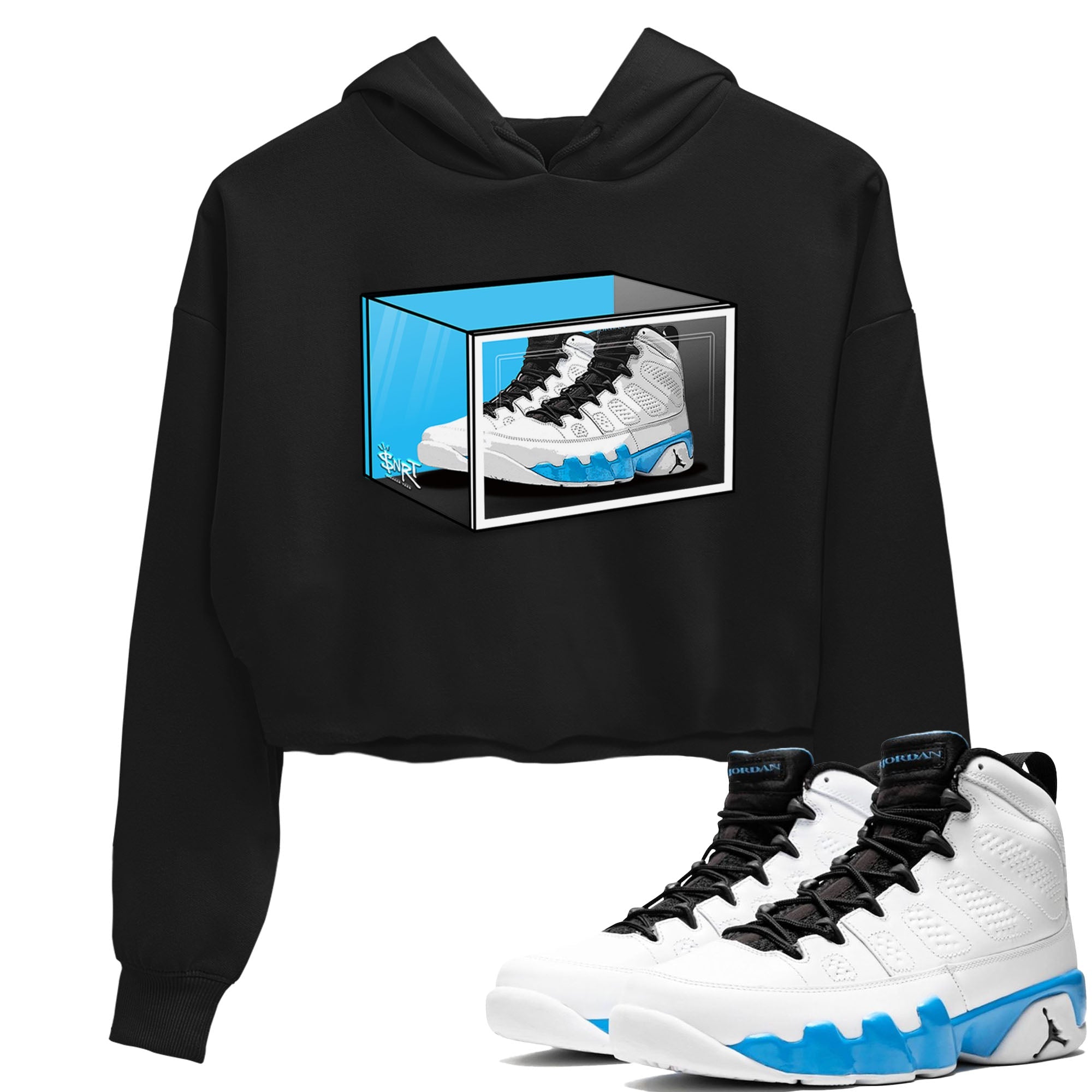 AJ9 Powder Blue shirt to match jordans Shoe Box sneaker tees Air Jordan 9 Retro Powder Blue Drip Gear Zone Black 1 crop length shirt