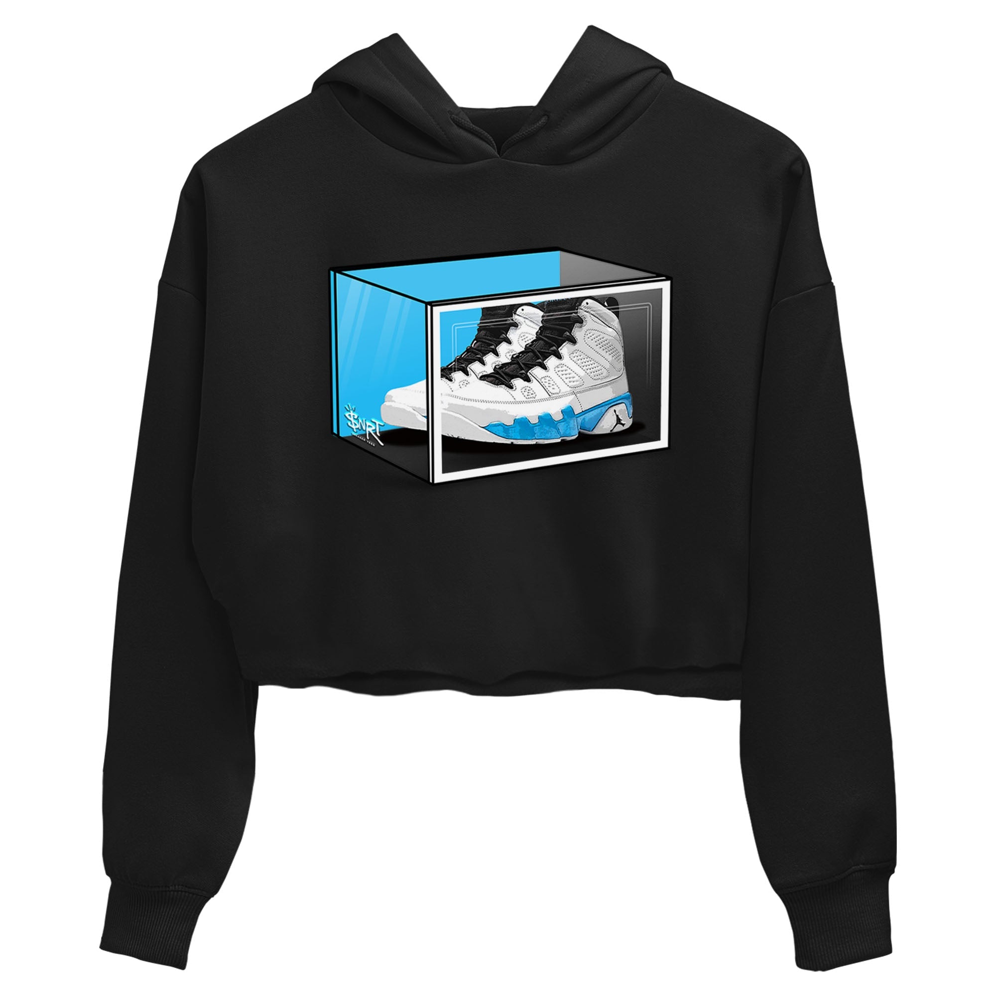 AJ9 Powder Blue shirt to match jordans Shoe Box sneaker tees Air Jordan 9 Retro Powder Blue Drip Gear Zone Black 2 crop length shirt