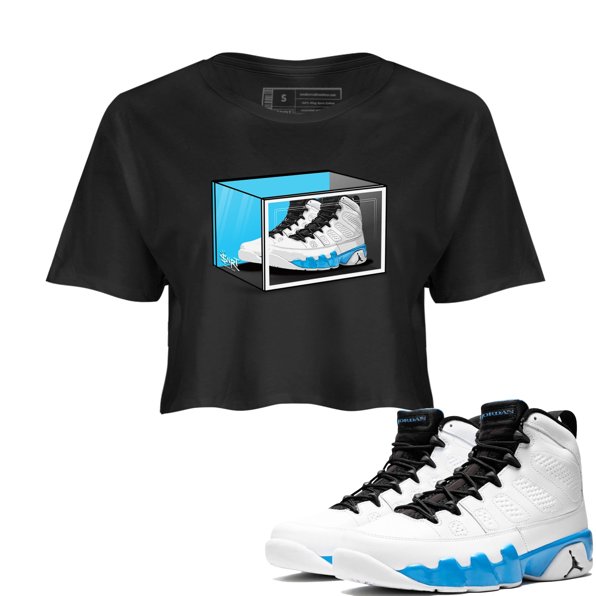 AJ9 Powder Blue shirt to match jordans Shoe Box sneaker tees Air Jordan 9 Retro Powder Blue Drip Gear Zone Black 1 crop length shirt