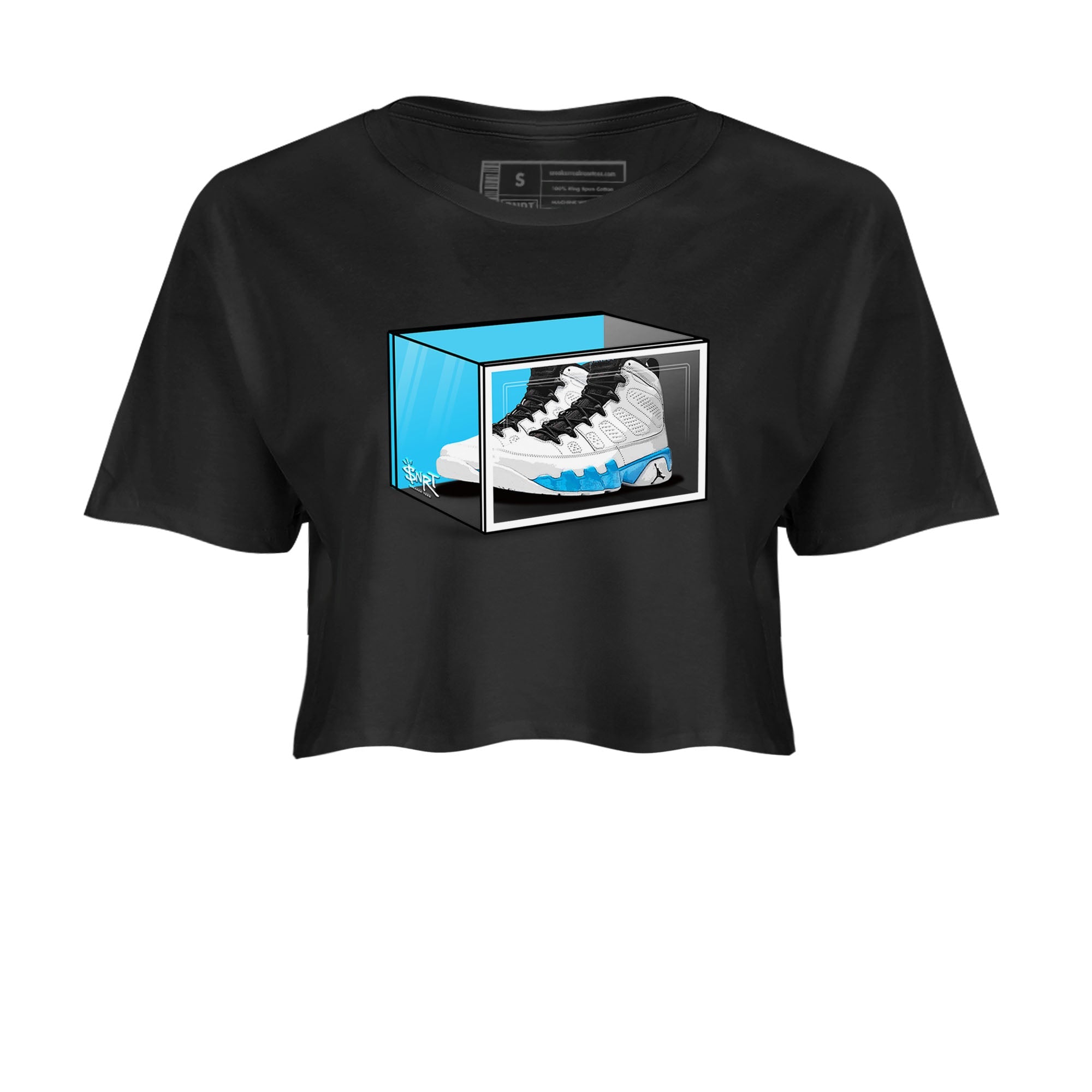 AJ9 Powder Blue shirt to match jordans Shoe Box sneaker tees Air Jordan 9 Retro Powder Blue Drip Gear Zone Black 2 crop length shirt