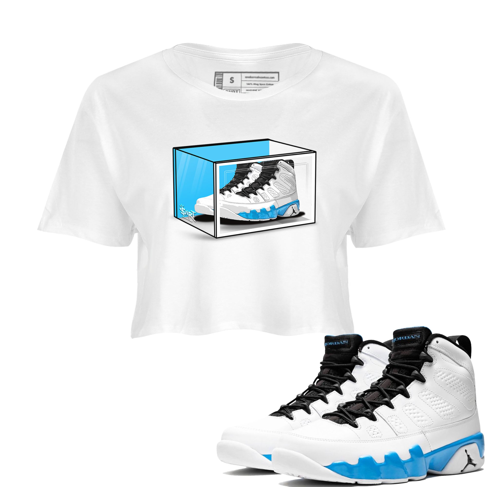 AJ9 Powder Blue shirt to match jordans Shoe Box sneaker tees Air Jordan 9 Retro Powder Blue Drip Gear Zone White 1 crop length shirt