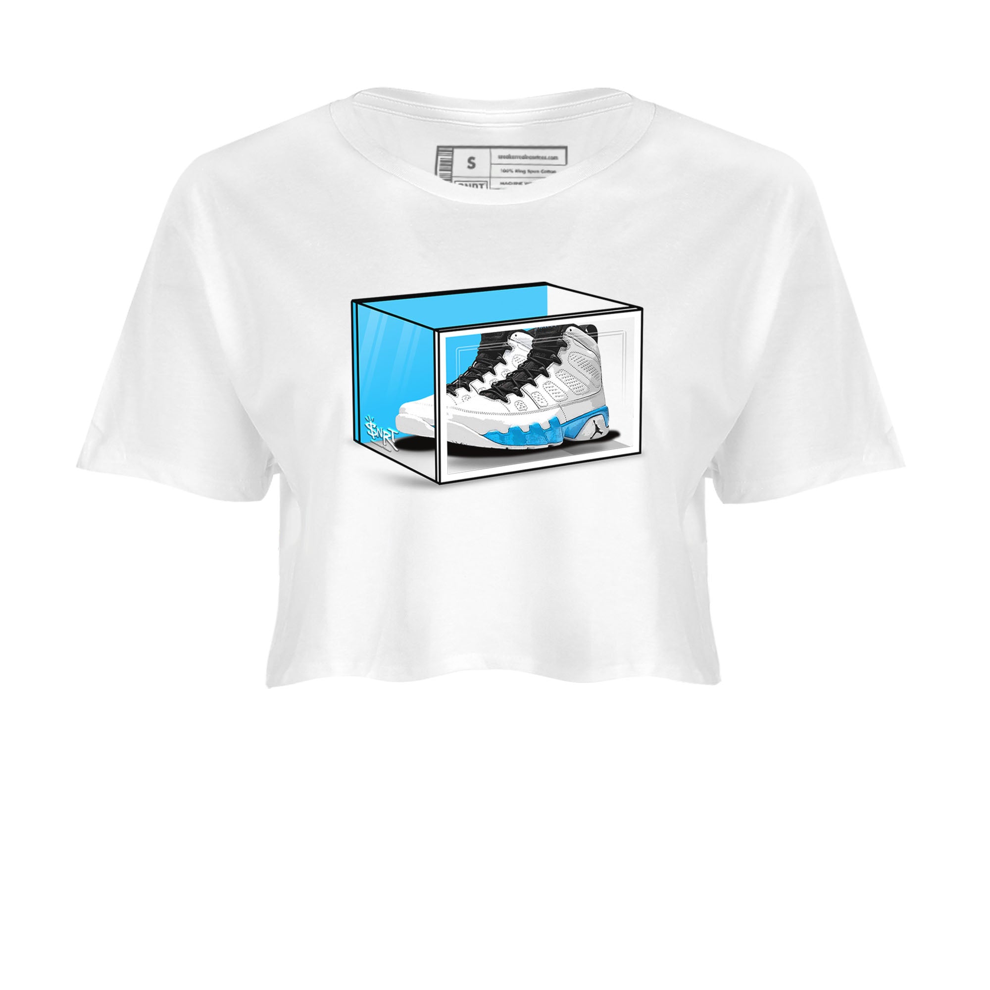 AJ9 Powder Blue shirt to match jordans Shoe Box sneaker tees Air Jordan 9 Retro Powder Blue Drip Gear Zone White 2 crop length shirt