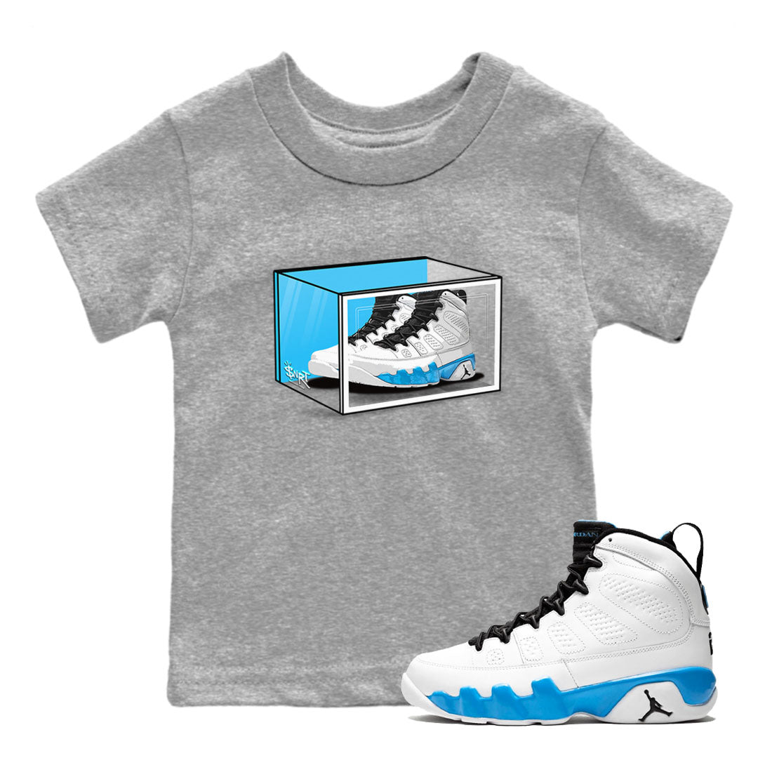AJ9 Powder Blue shirt to match jordans Shoe Box sneaker tees Air Jordan 9 Retro Powder Blue Drip Gear Zone baby toddler Heather Grey 1 cotton Shirt