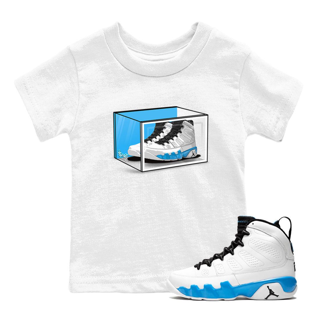 AJ9 Powder Blue shirt to match jordans Shoe Box sneaker tees Air Jordan 9 Retro Powder Blue Drip Gear Zone baby toddler White 1 cotton Shirt
