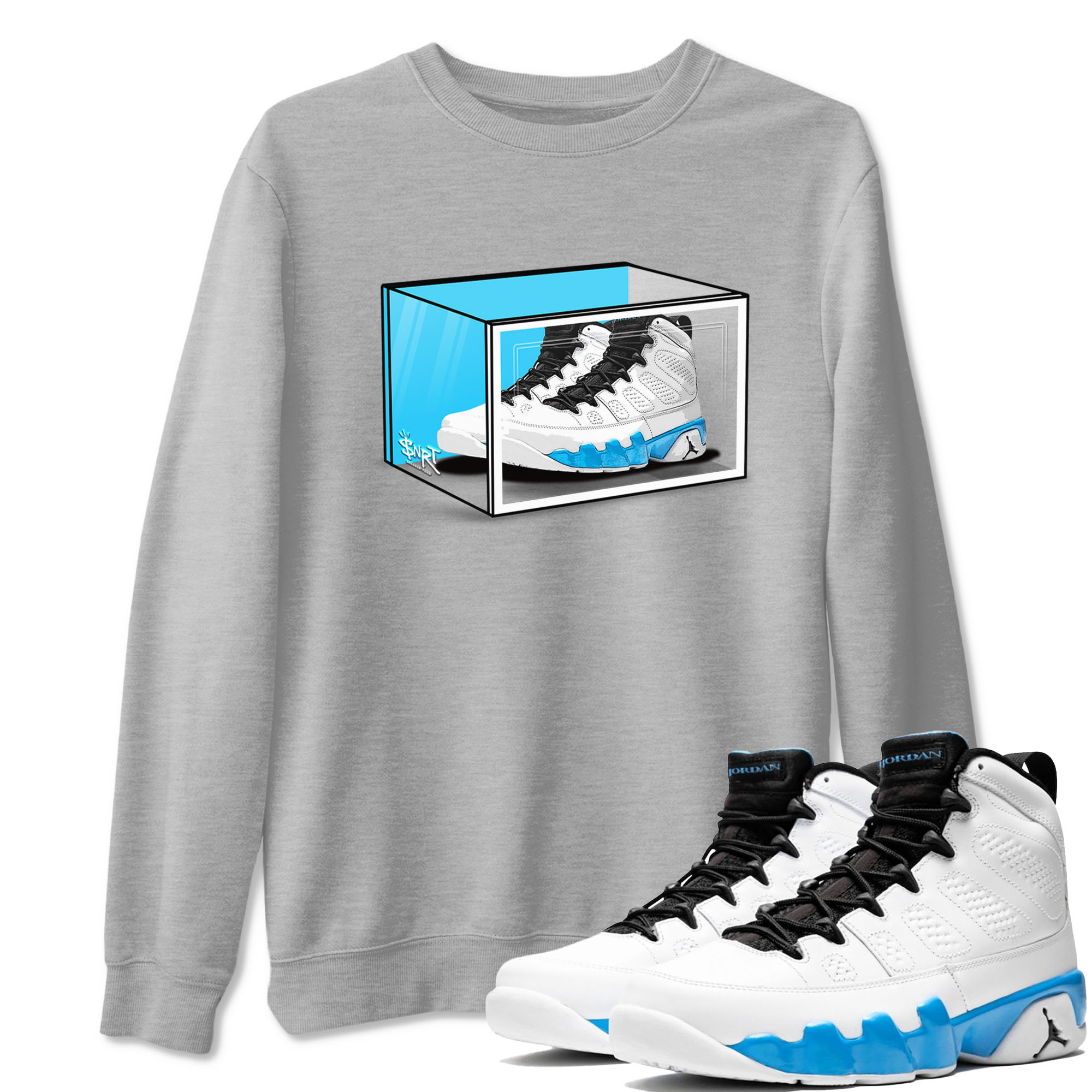 AJ9 Powder Blue shirt to match jordans Shoe Box sneaker tees Air Jordan 9 Retro Powder Blue Drip Gear Zone unisex cotton Heather Grey 1 crew neck shirt