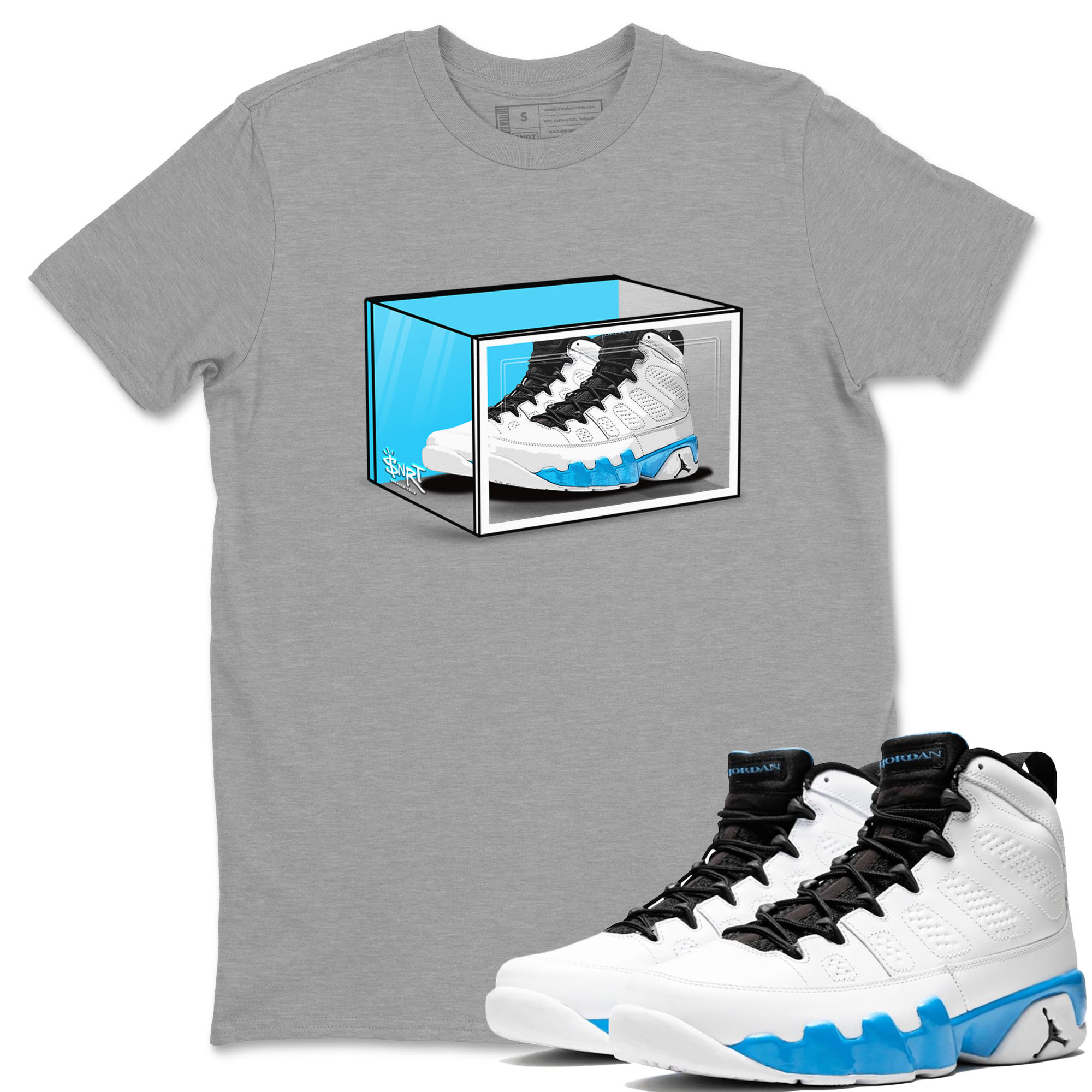 AJ9 Powder Blue shirt to match jordans Shoe Box sneaker tees Air Jordan 9 Retro Powder Blue Drip Gear Zone unisex cotton Heather Grey 1 crew neck shirt