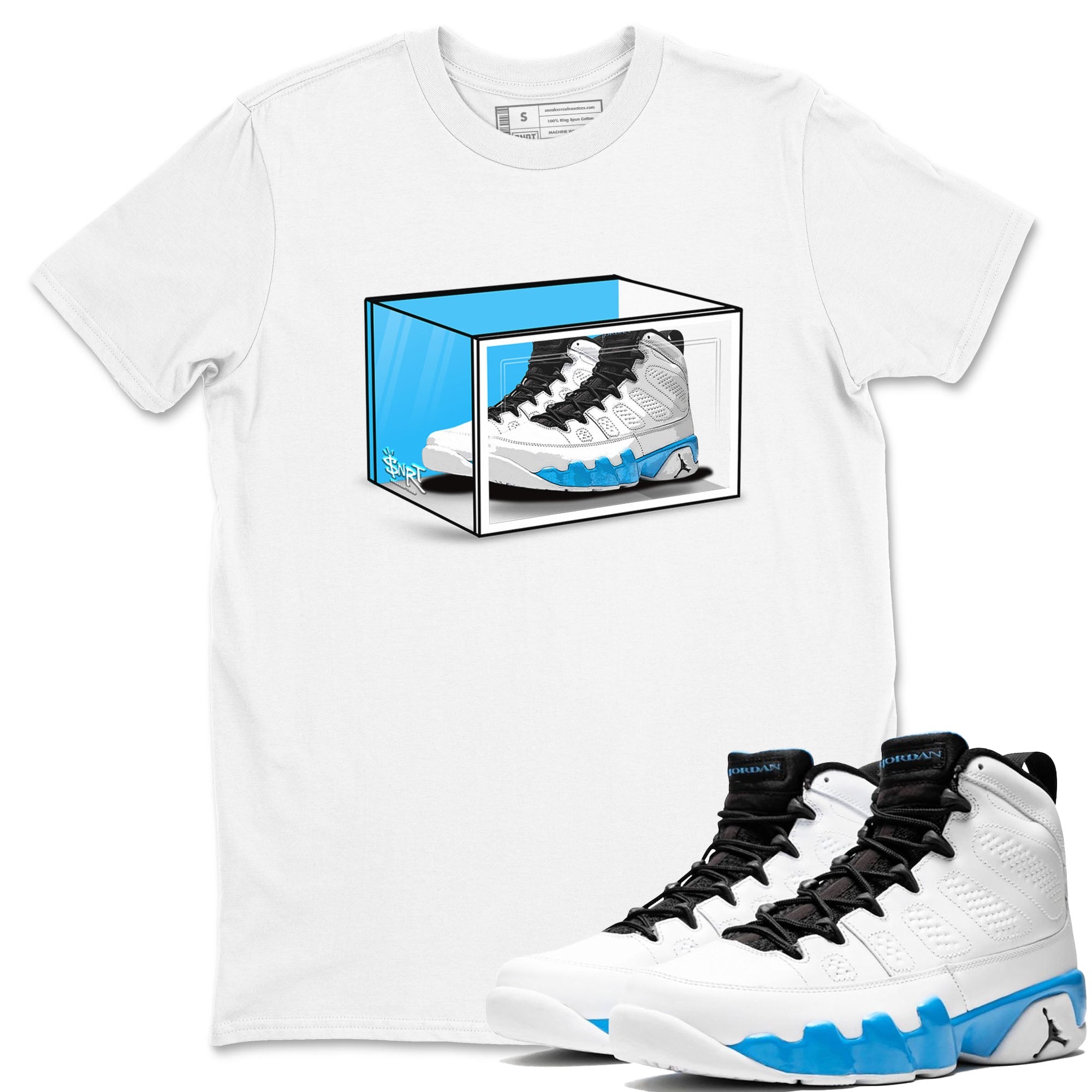 AJ9 Powder Blue shirt to match jordans Shoe Box sneaker tees Air Jordan 9 Retro Powder Blue Drip Gear Zone unisex cotton White 1 crew neck shirt