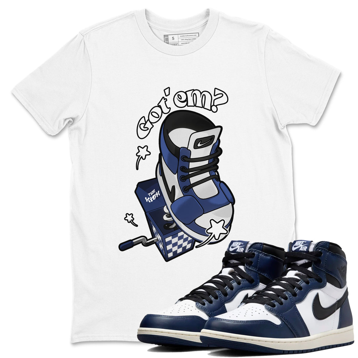 1s Midnight Navy shirts to match jordans Shoe In The Box sneaker match tees Air Jordan 1 Midnight Navy match shoes to clothes Drip Gear Zone unisex cotton White 1 shirts