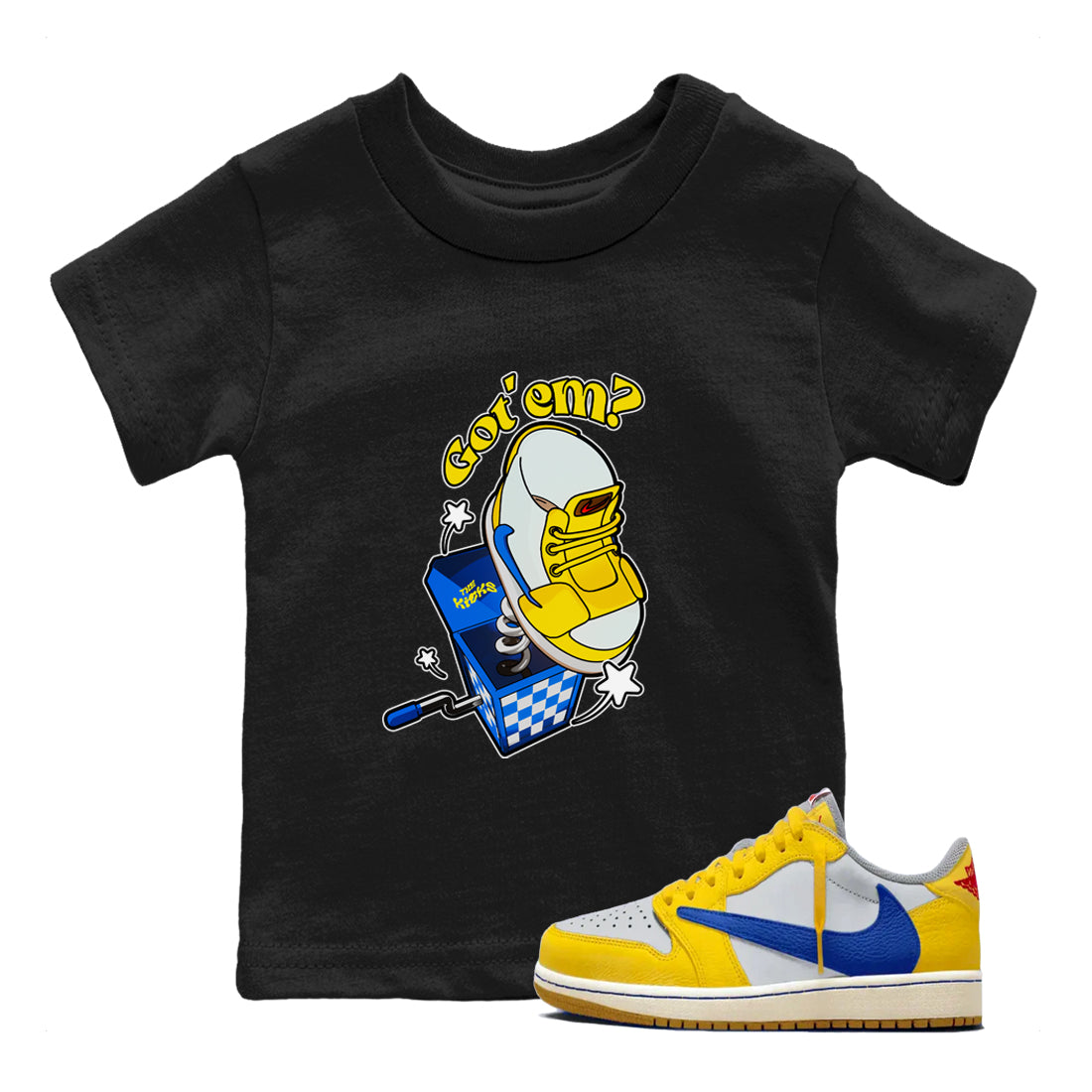 1s Travis Scott Canary shirt to match jordans Shoe In The Box sneaker tees Air Jordan 1 Travis Scott Canary Drip Gear Zone baby toddler Black 1 cotton Shirt
