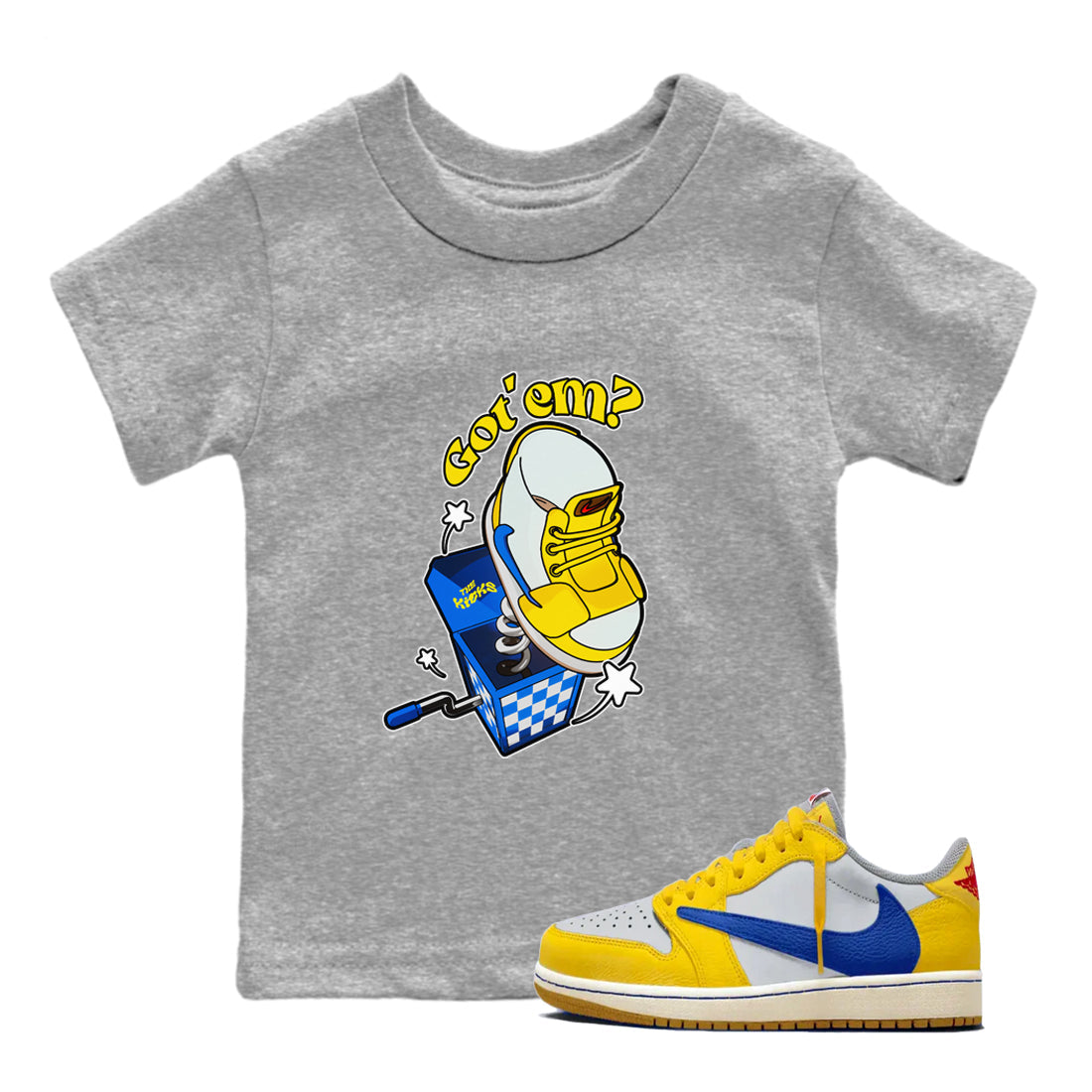 1s Travis Scott Canary shirt to match jordans Shoe In The Box sneaker tees Air Jordan 1 Travis Scott Canary Drip Gear Zone baby toddler Heather Grey 1 cotton Shirt