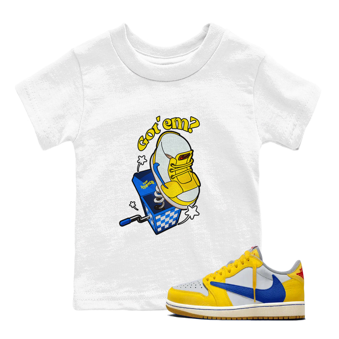 1s Travis Scott Canary shirt to match jordans Shoe In The Box sneaker tees Air Jordan 1 Travis Scott Canary Drip Gear Zone baby toddler White 1 cotton Shirt