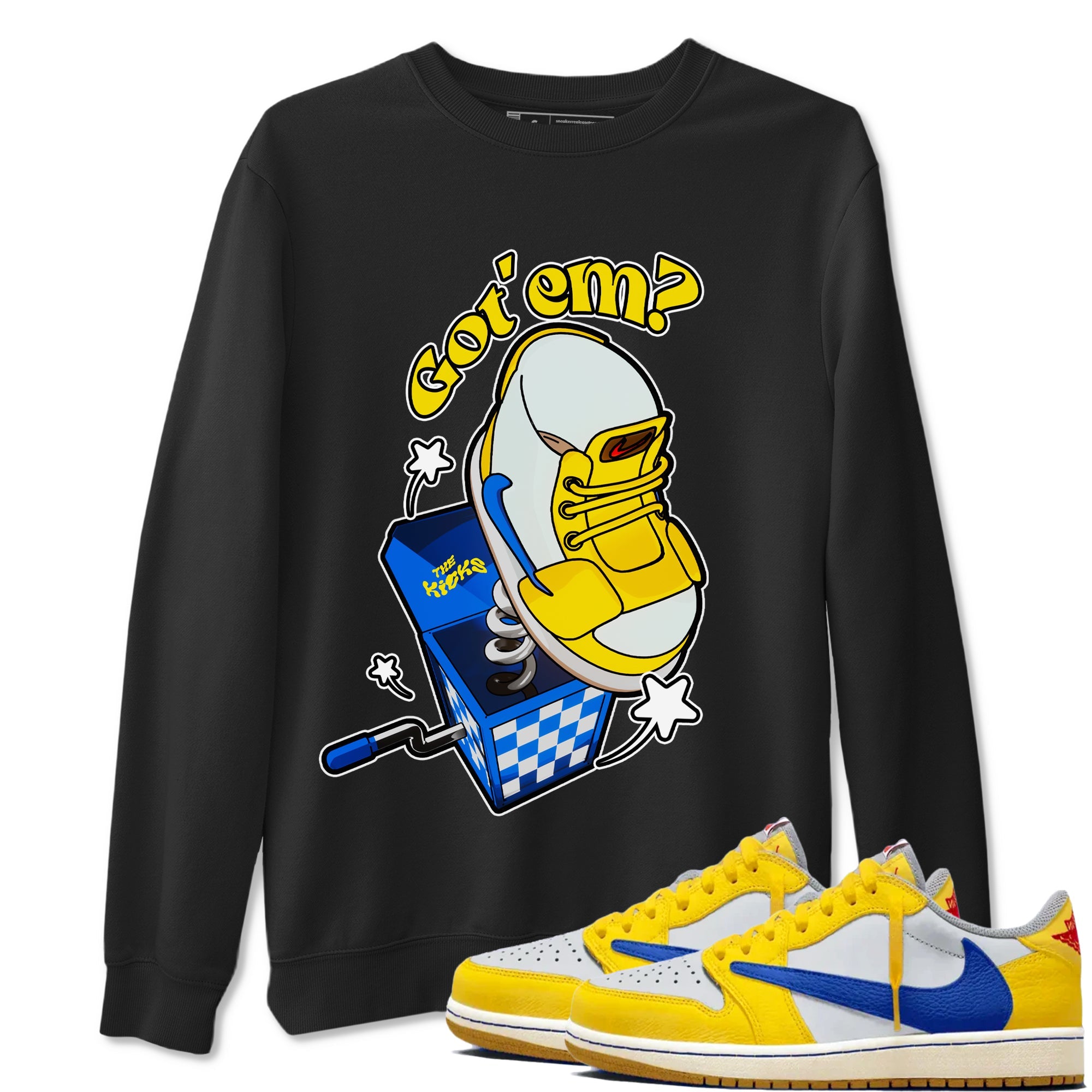 1s Travis Scott Canary shirt to match jordans Shoe In The Box sneaker tees Air Jordan 1 Travis Scott Canary Drip Gear Zone unisex cotton Black 1 crew neck shirt