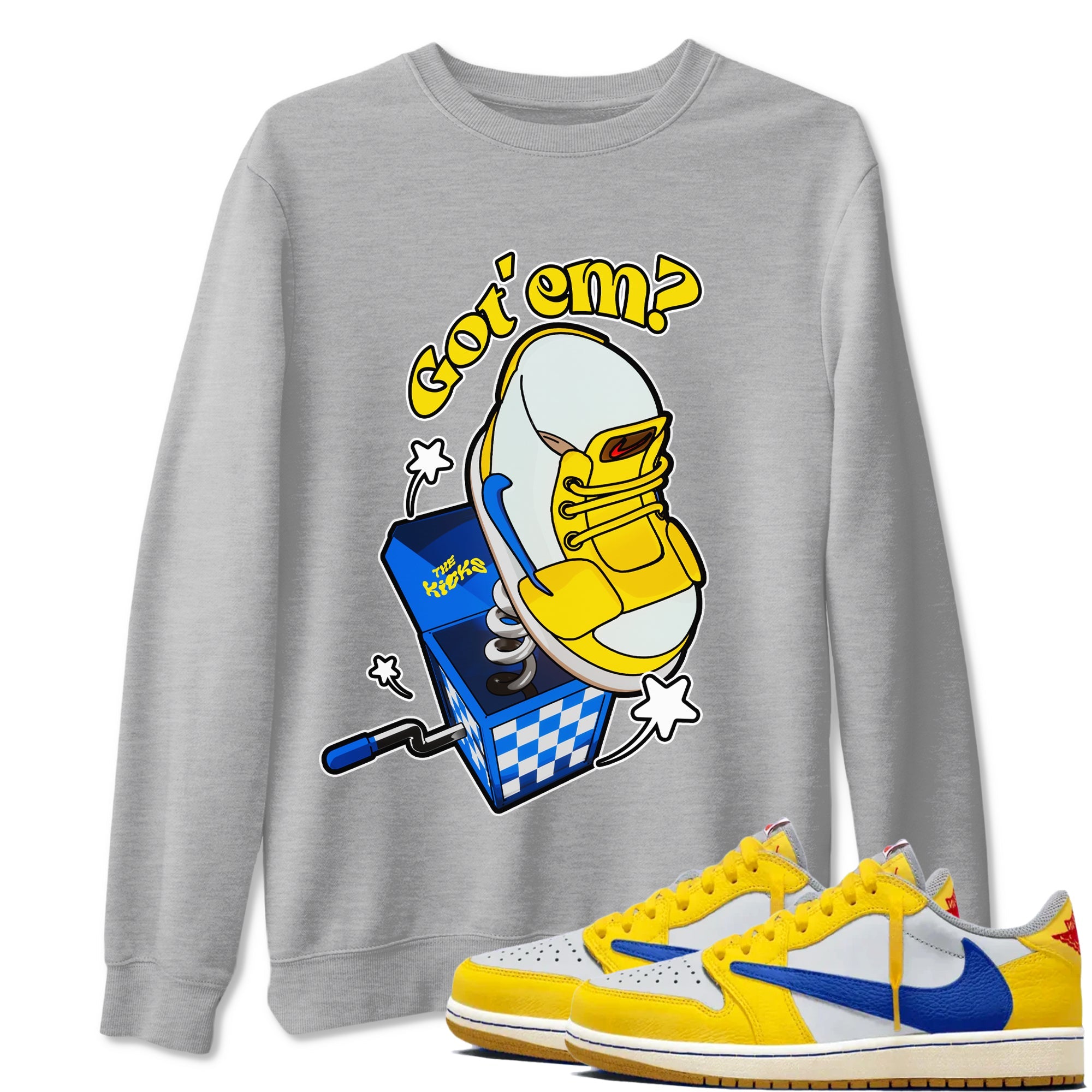 1s Travis Scott Canary shirt to match jordans Shoe In The Box sneaker tees Air Jordan 1 Travis Scott Canary Drip Gear Zone unisex cotton Heather Grey 1 crew neck shirt