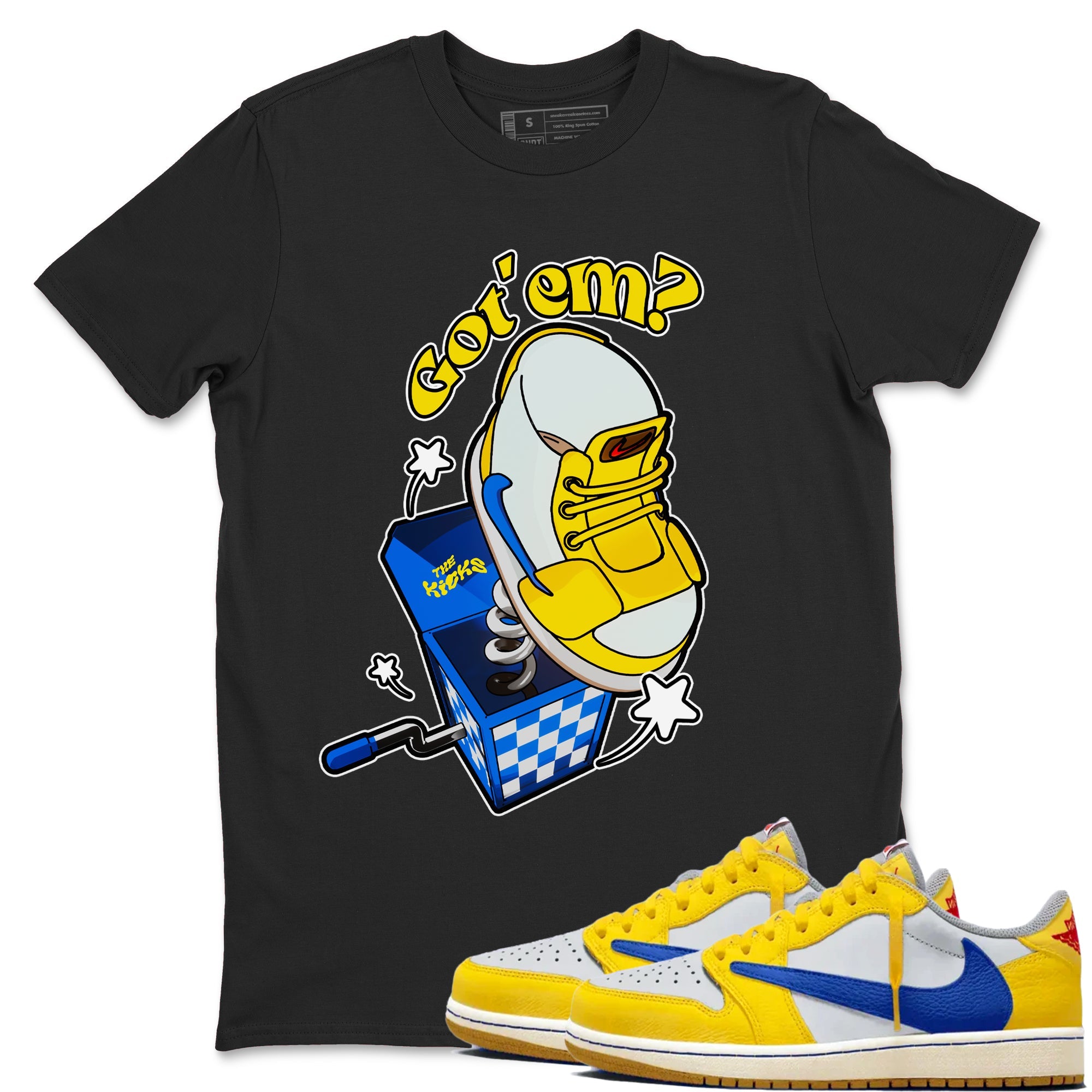 1s Travis Scott Canary shirt to match jordans Shoe In The Box sneaker tees Air Jordan 1 Travis Scott Canary Drip Gear Zone unisex cotton Black 1 crew neck shirt