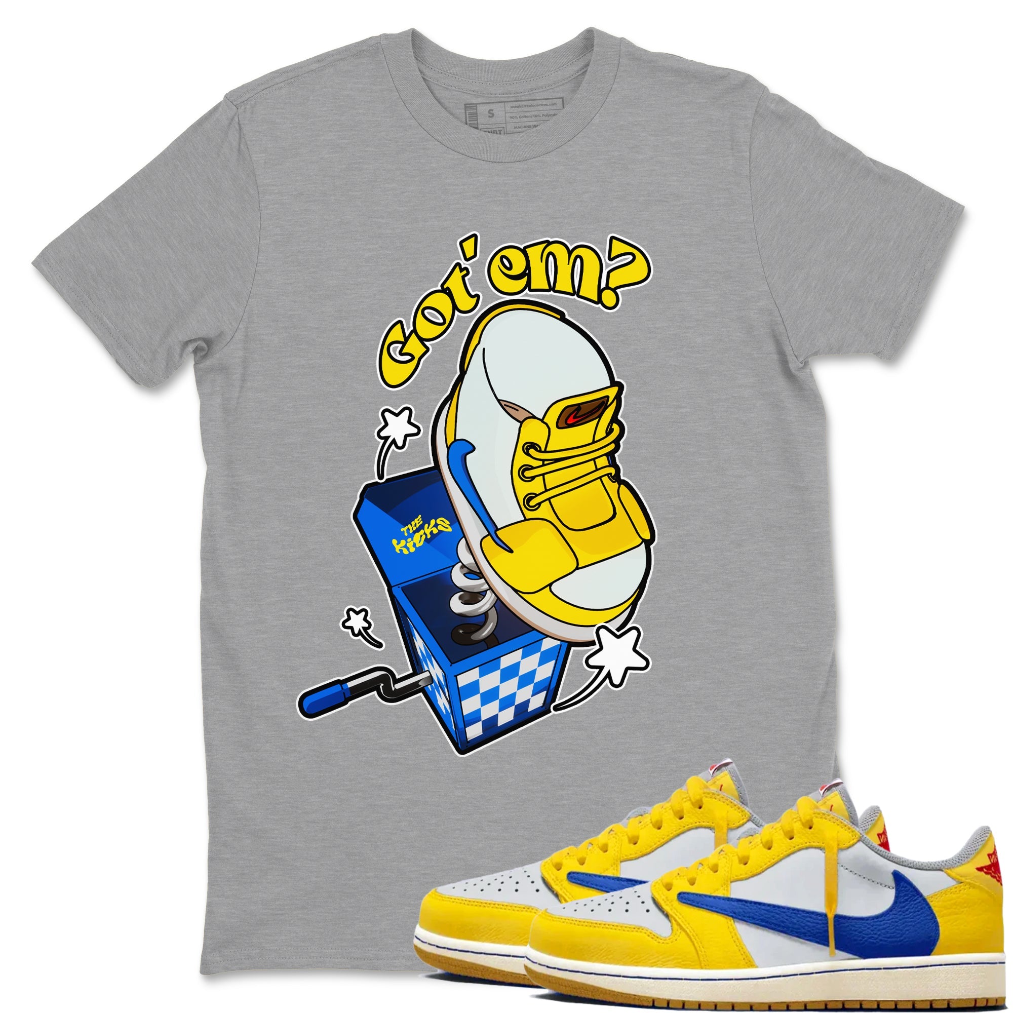 1s Travis Scott Canary shirt to match jordans Shoe In The Box sneaker tees Air Jordan 1 Travis Scott Canary Drip Gear Zone unisex cotton Heather Grey 1 crew neck shirt