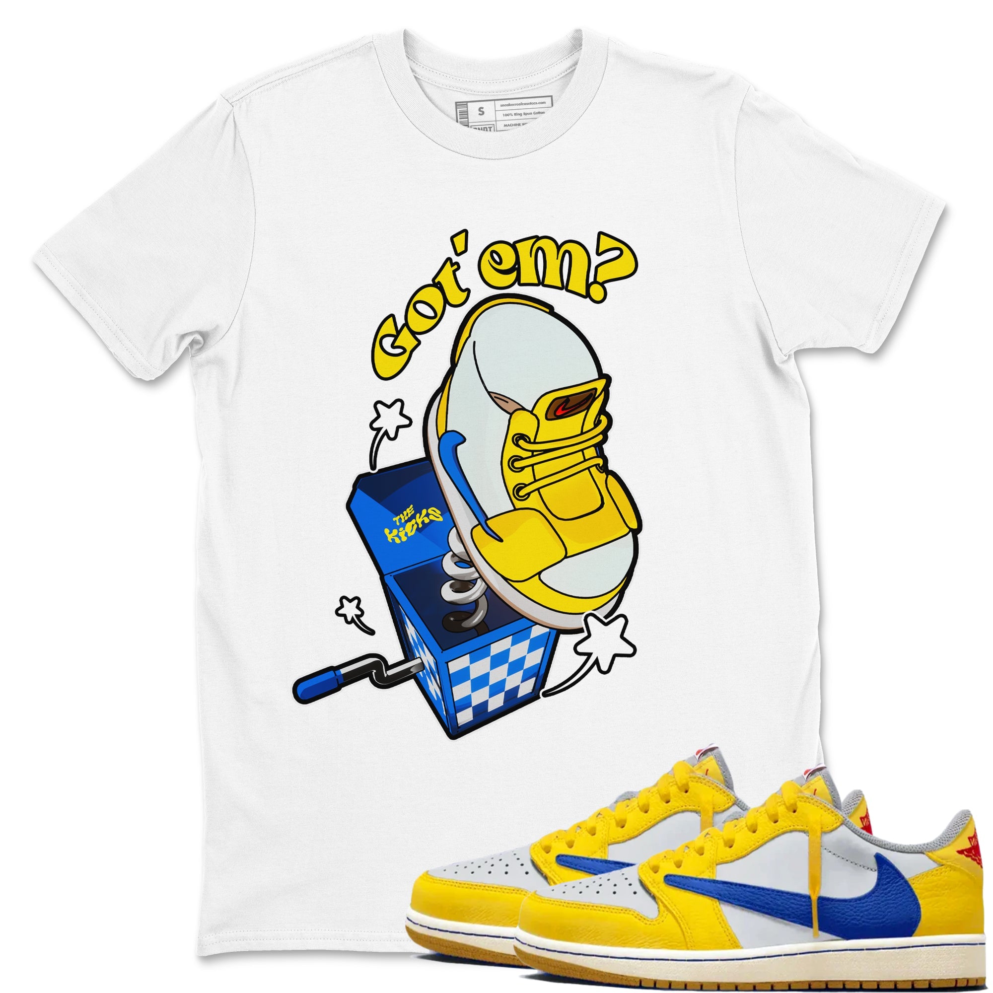 1s Travis Scott Canary shirt to match jordans Shoe In The Box sneaker tees Air Jordan 1 Travis Scott Canary Drip Gear Zone unisex cotton White 1 crew neck shirt