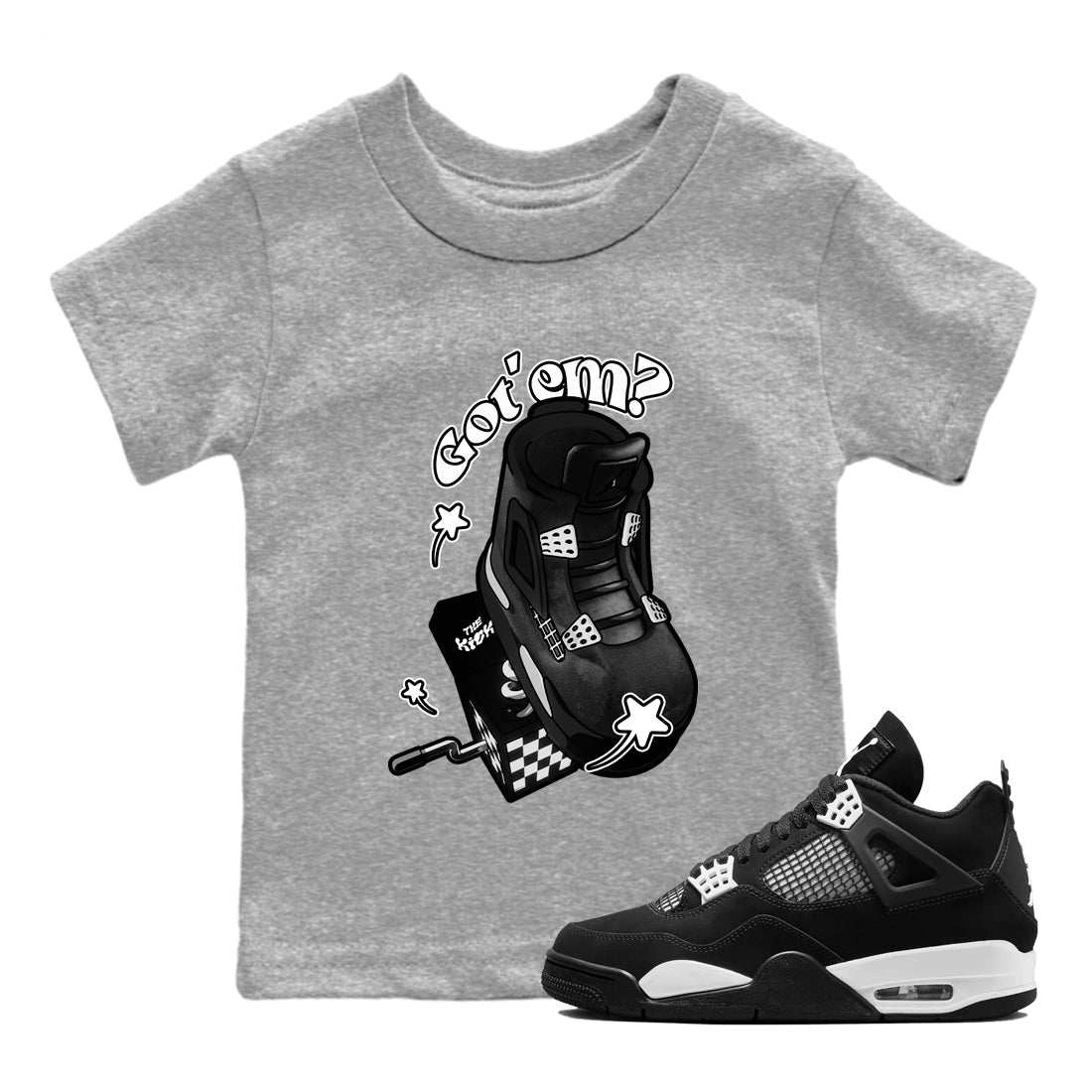 4s White Thunder shirts to match jordans Shoe In The Box sneaker match tees Air Jordan 4 White Thunder Drip Gear Zone Youth Baby Heather Grey 1 crew neck shirts