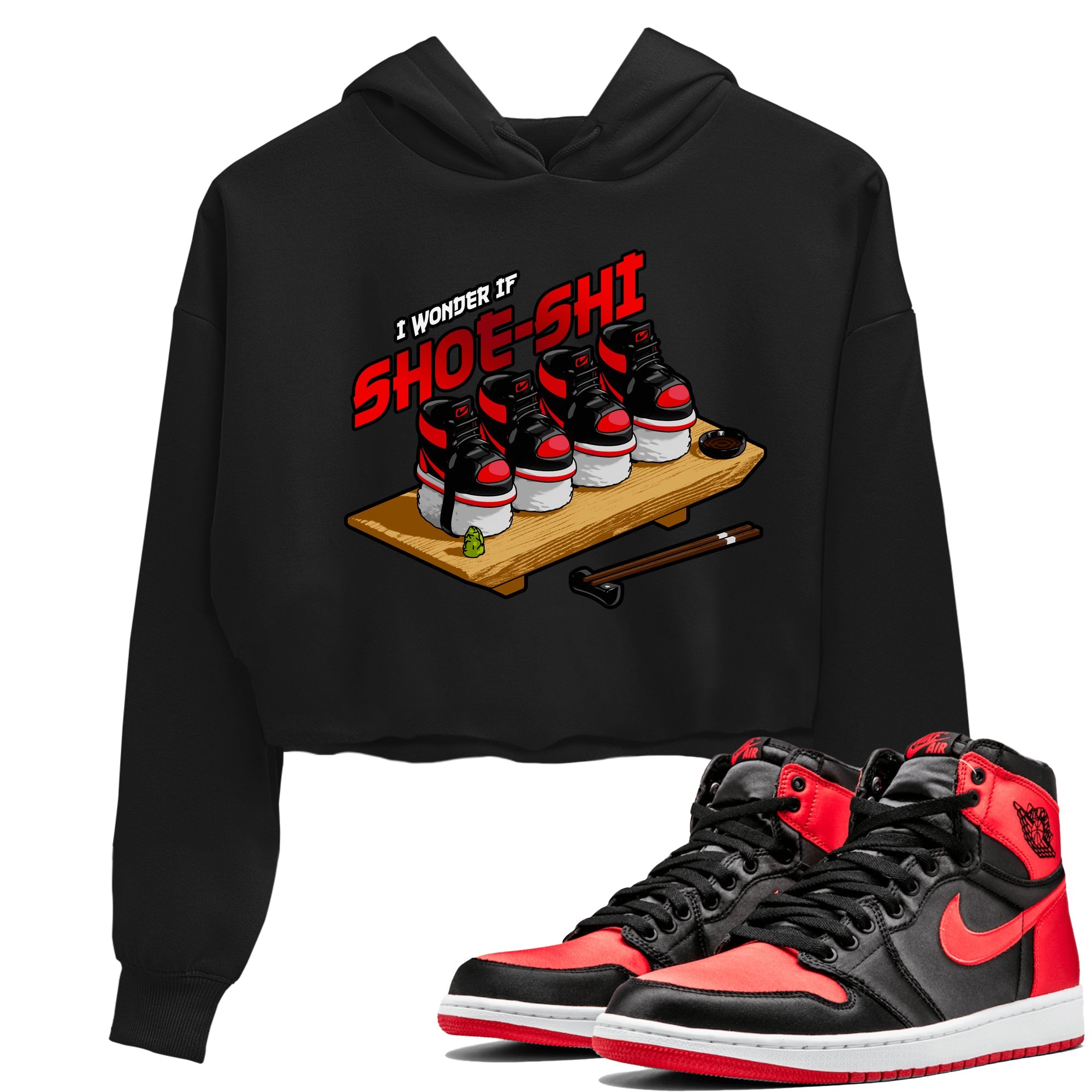 Air Jordan 1 Satin Bred shirt to match jordans Shoe-Shi sneaker tees AJ1 Satin Bred Drip Gear Zone Black 1 Crop T-Shirt