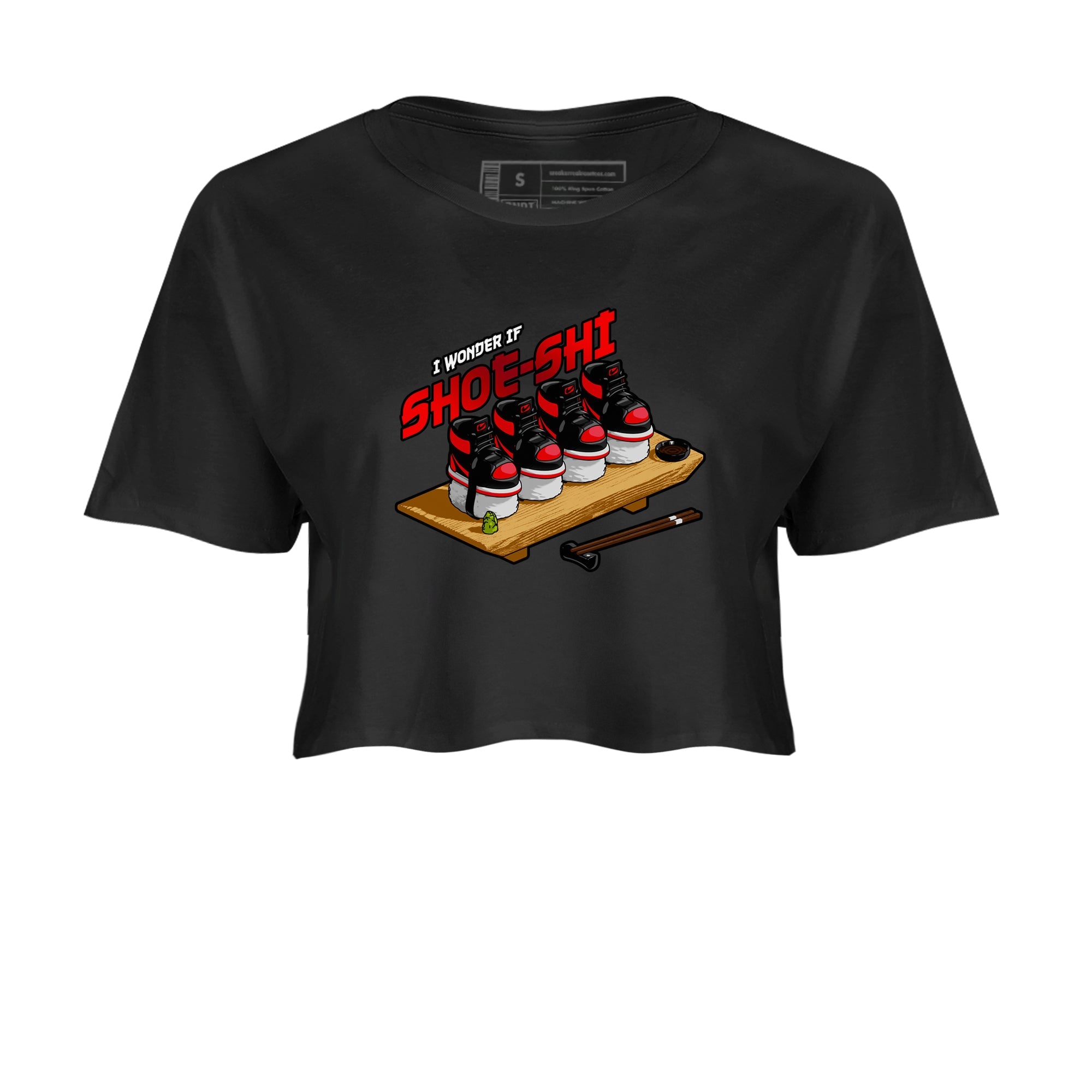 Air Jordan 1 Satin Bred shirt to match jordans Shoe-Shi sneaker tees AJ1 Satin Bred Drip Gear Zone Black 2 Crop T-Shirt